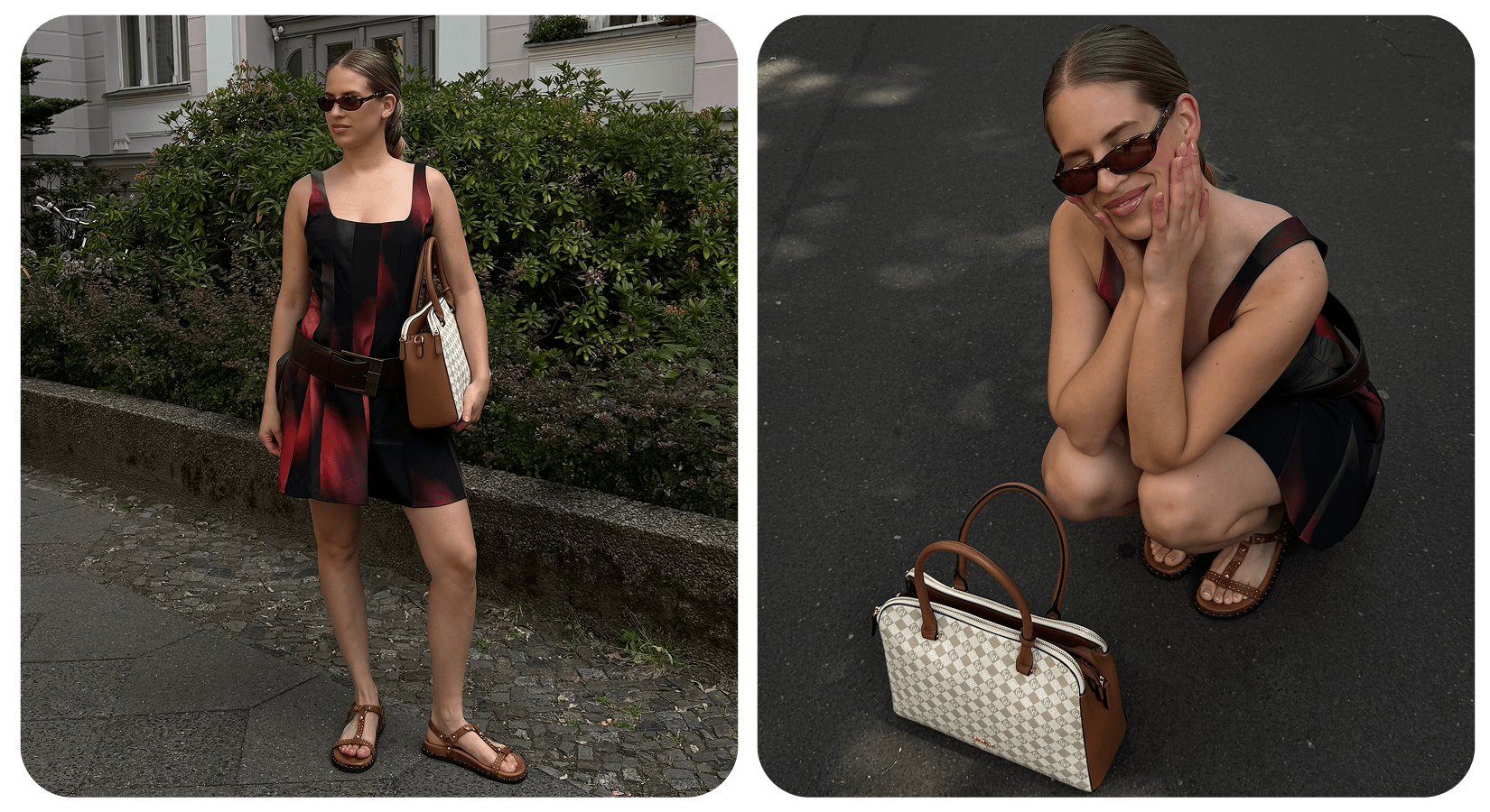 Collage einer Frau in rotem Kleid, mit Handtasche unterm Arm, trägt offene Riemchen-Sandalen, stehend vor Hecke