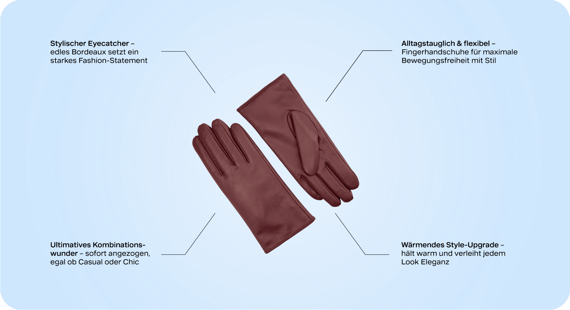 Bordeauxrote Handschuhe auf blauem Hintergrund, umgeben von Textschnipseln