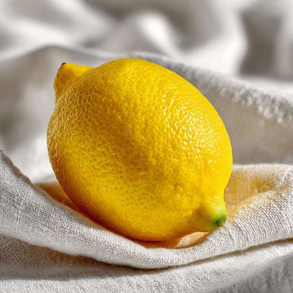 Ganze Zitrone, liegend auf Kleidungsstück, zum Auffrischen der Wäsche