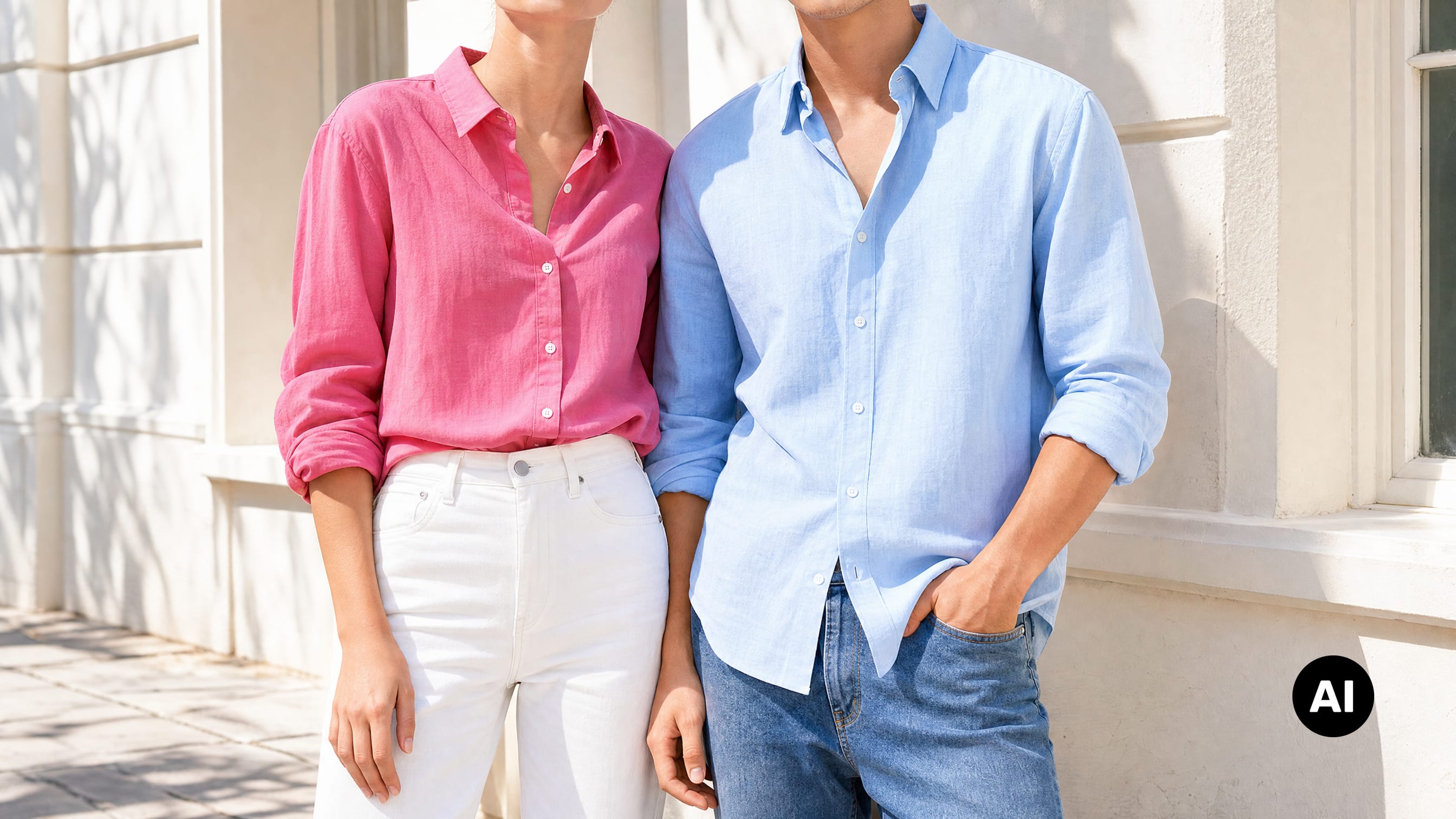 Mann und Frau stehen nebeneinander, tragen Outfits aus Hemden und Hosen