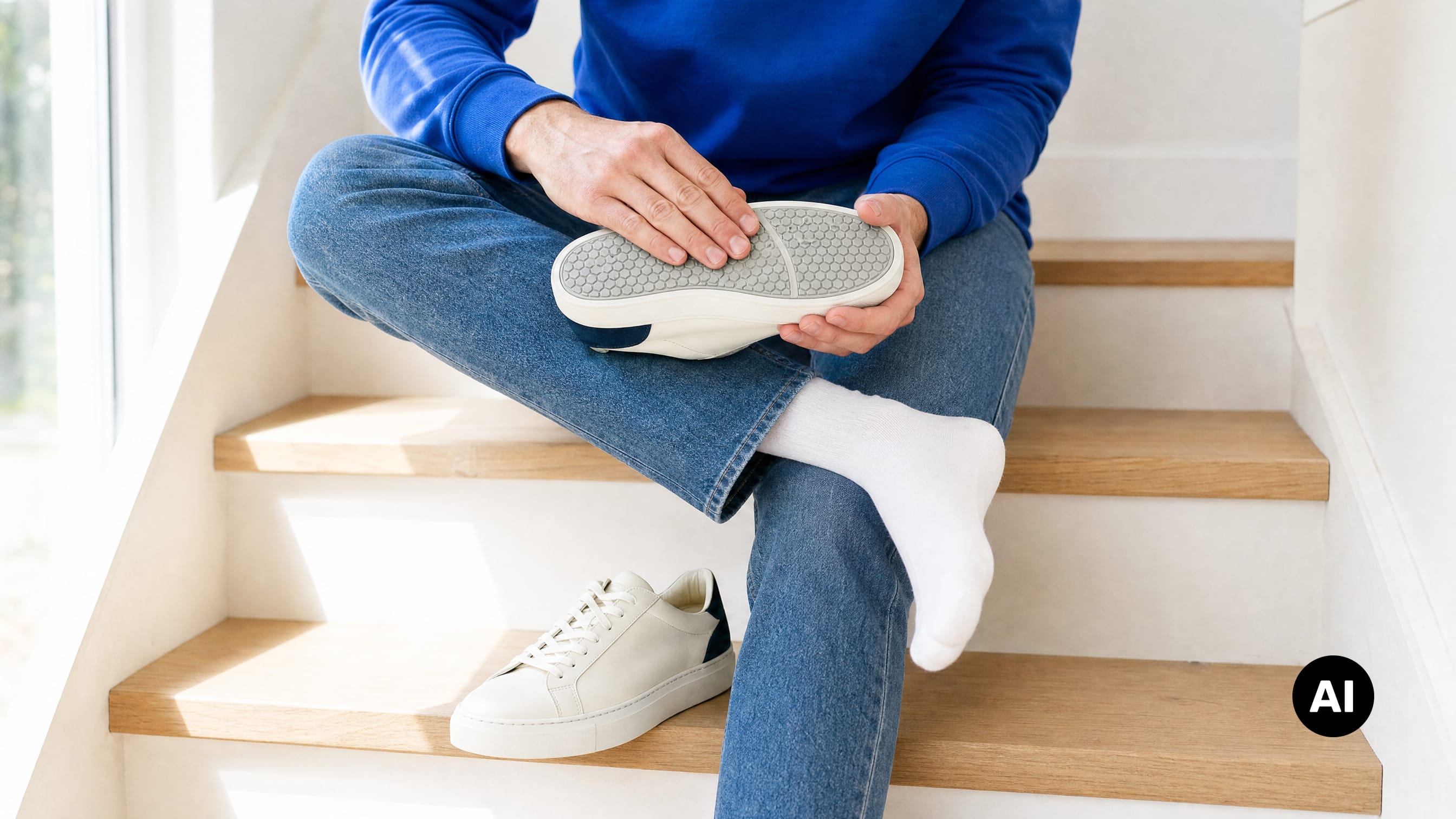 Mann sitzt auf Treppe und prüft Sohle seiner Sneaker-Schuhe