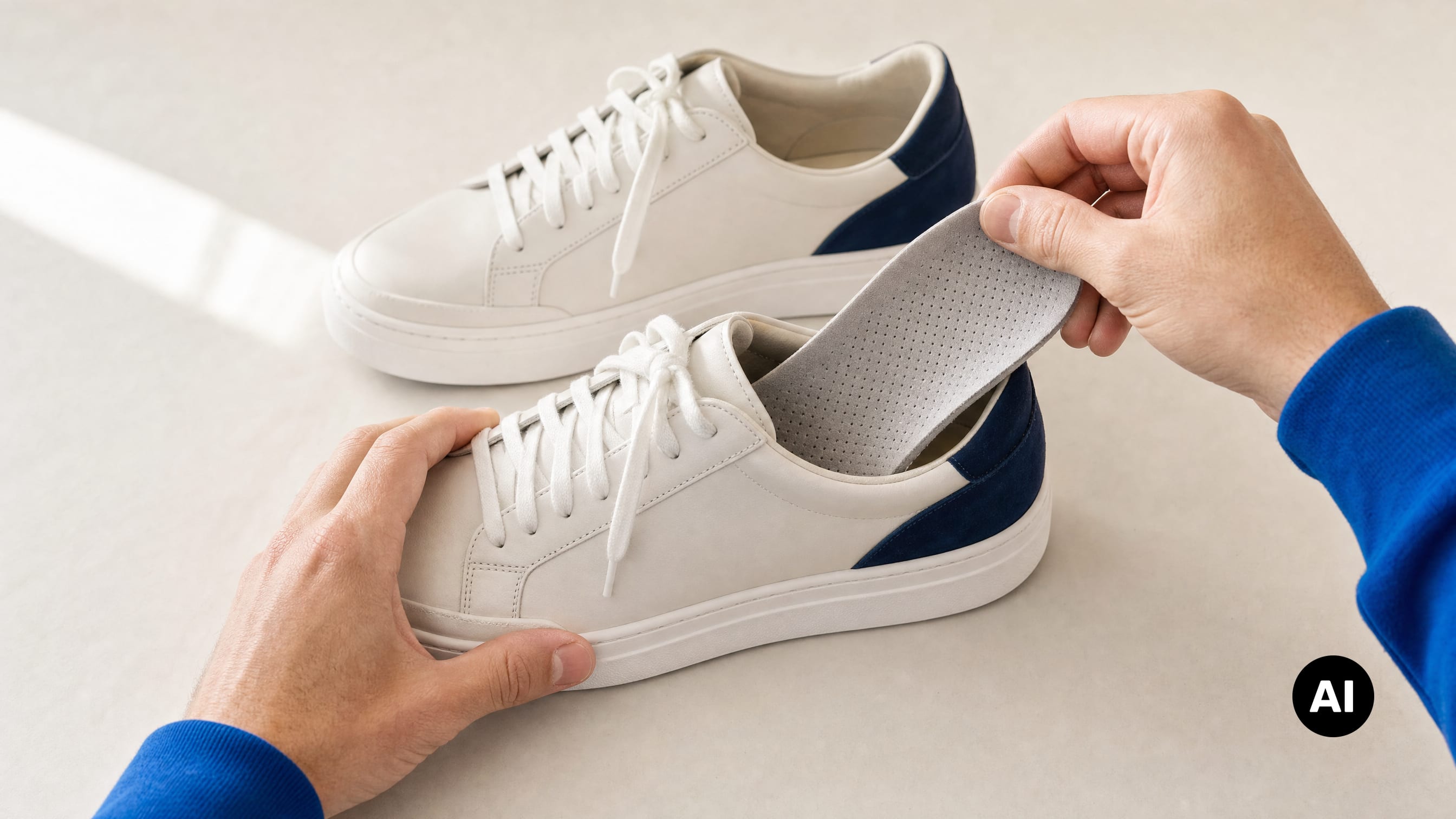 Person entfernt Innensohle aus seinen Sneaker-Schuhen