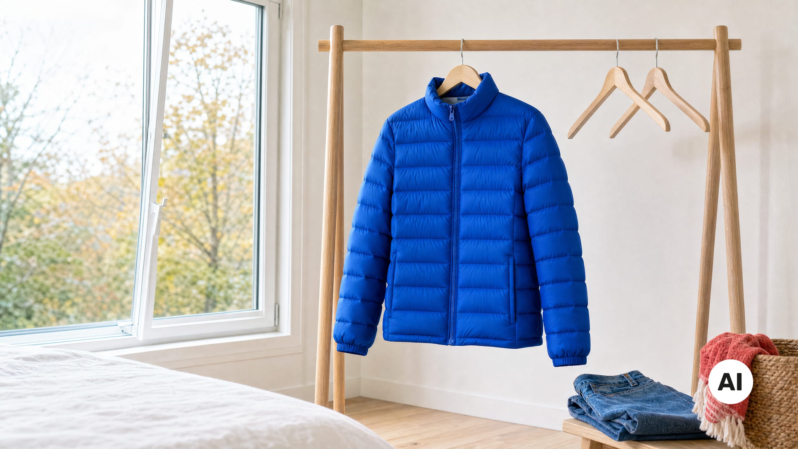 Blaue Daunenjacke lüftet bei offenem Fenster an Kleiderstange