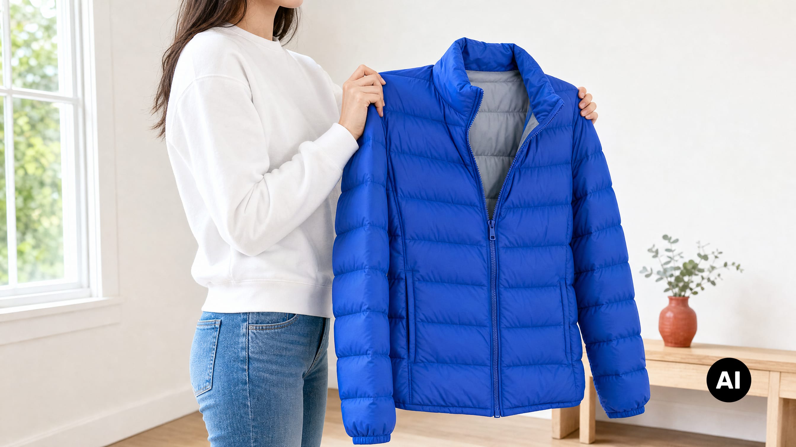 Frau schüttelt blaue Daunenjacke auf und lüftet diese