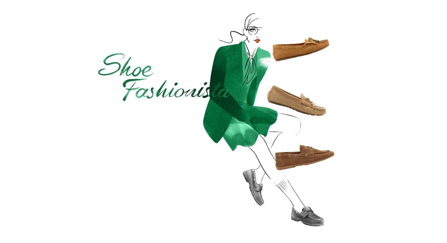 Grüne Aquarell-Figur mit "Shoe Fashionista"-Schriftzug, braune Slipper am rechten Rand