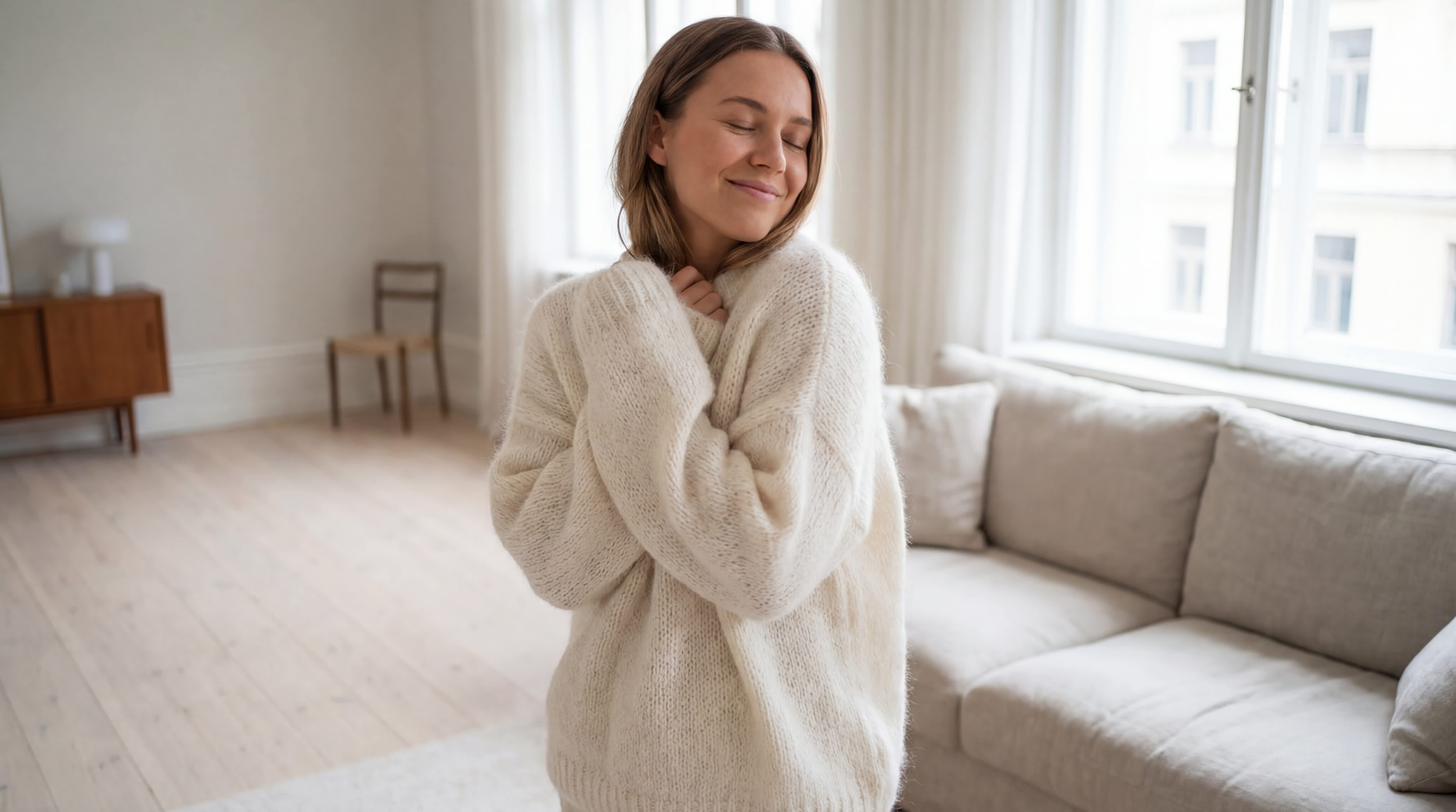 Frau trägt blauen Pullover aus Merinowolle, sitzt auf Couch