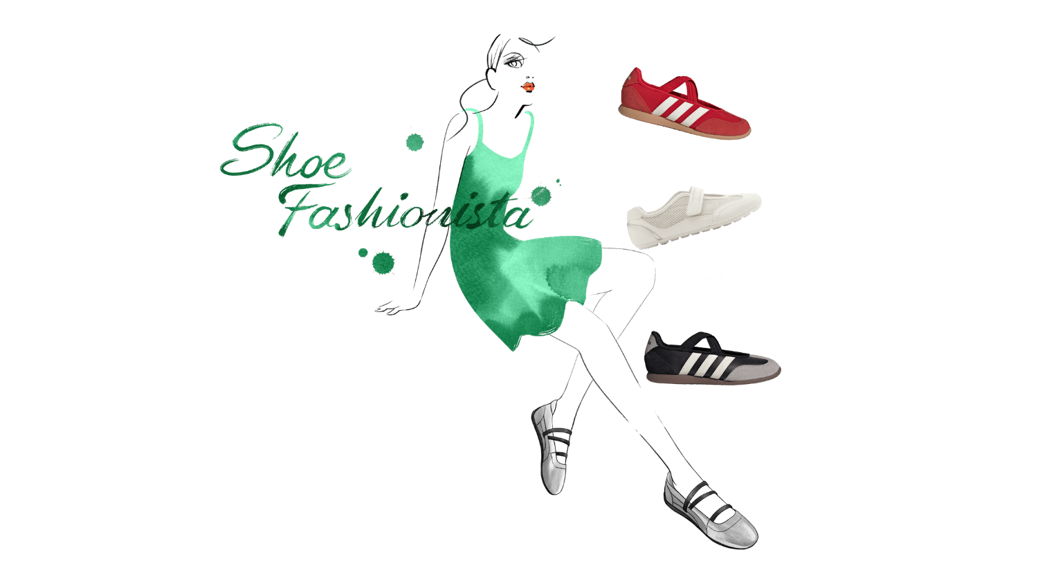 Skizzierte Frauen-Figur in aquarellartigem Kleid in Grün, Sneaker rechts von der Figur