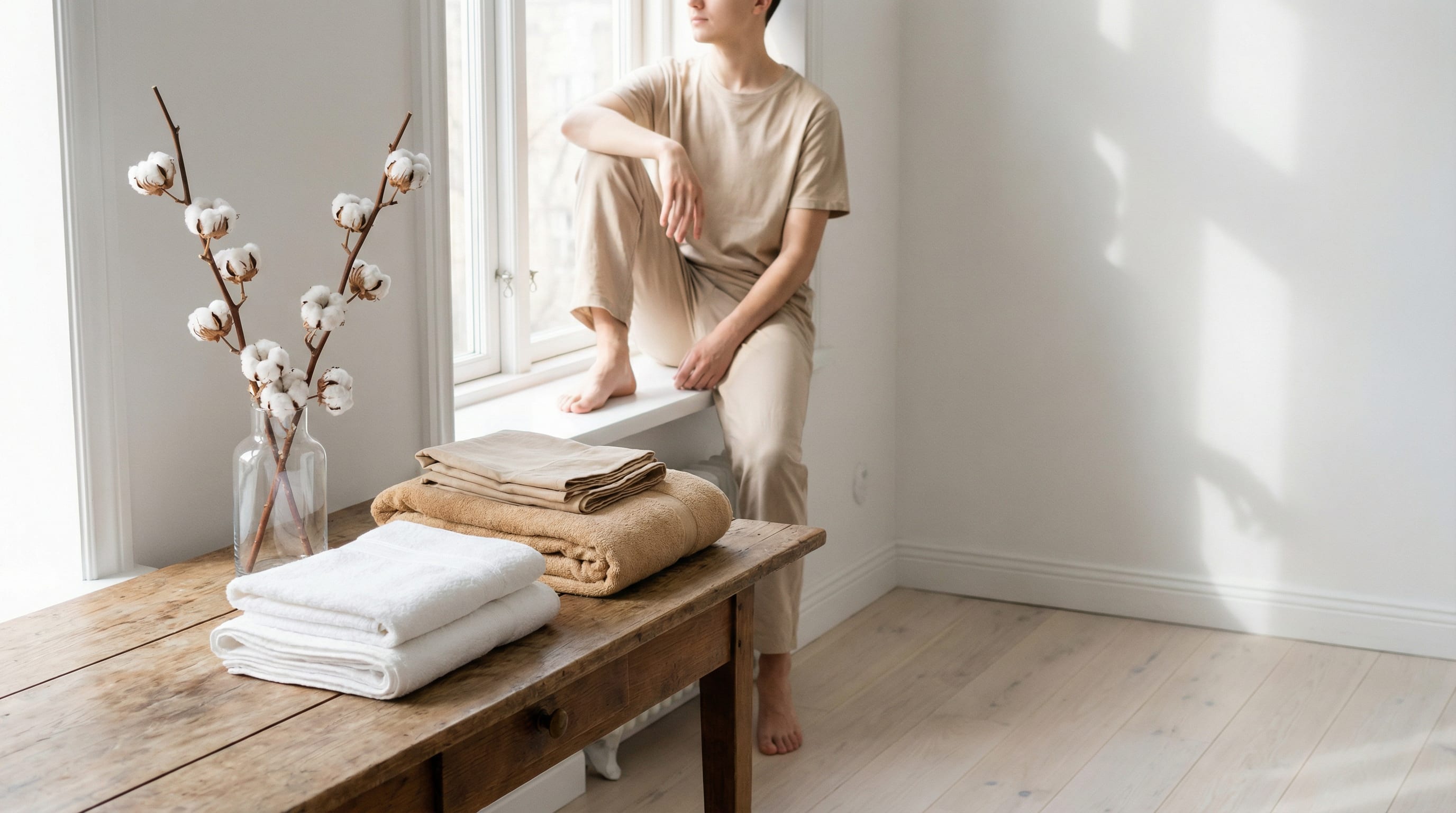 Person in weißem Kleid aus Baumwolle streift durch Baumwoll-Feld