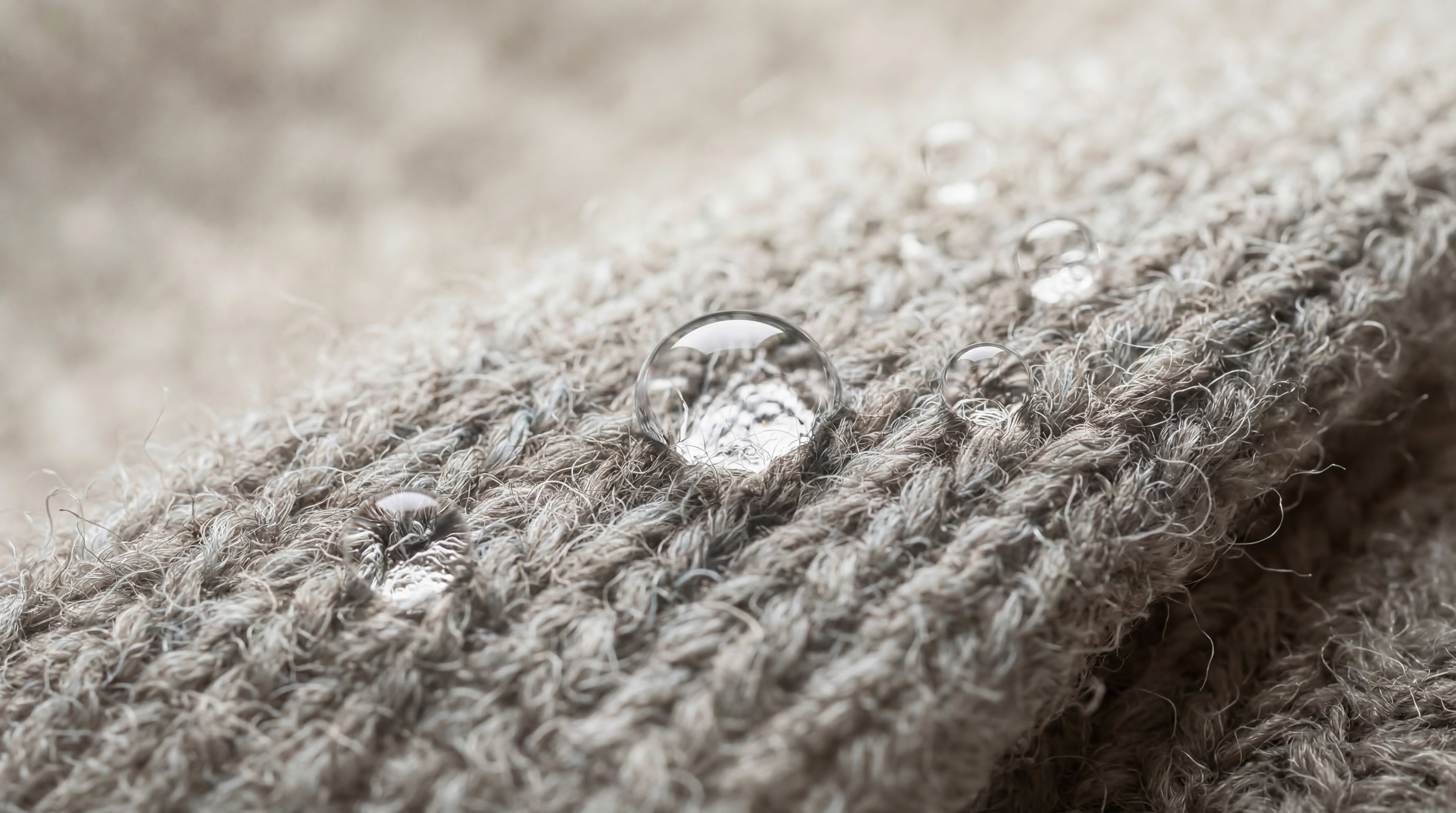 Close-Up von Wassertropfen auf Merinopullover