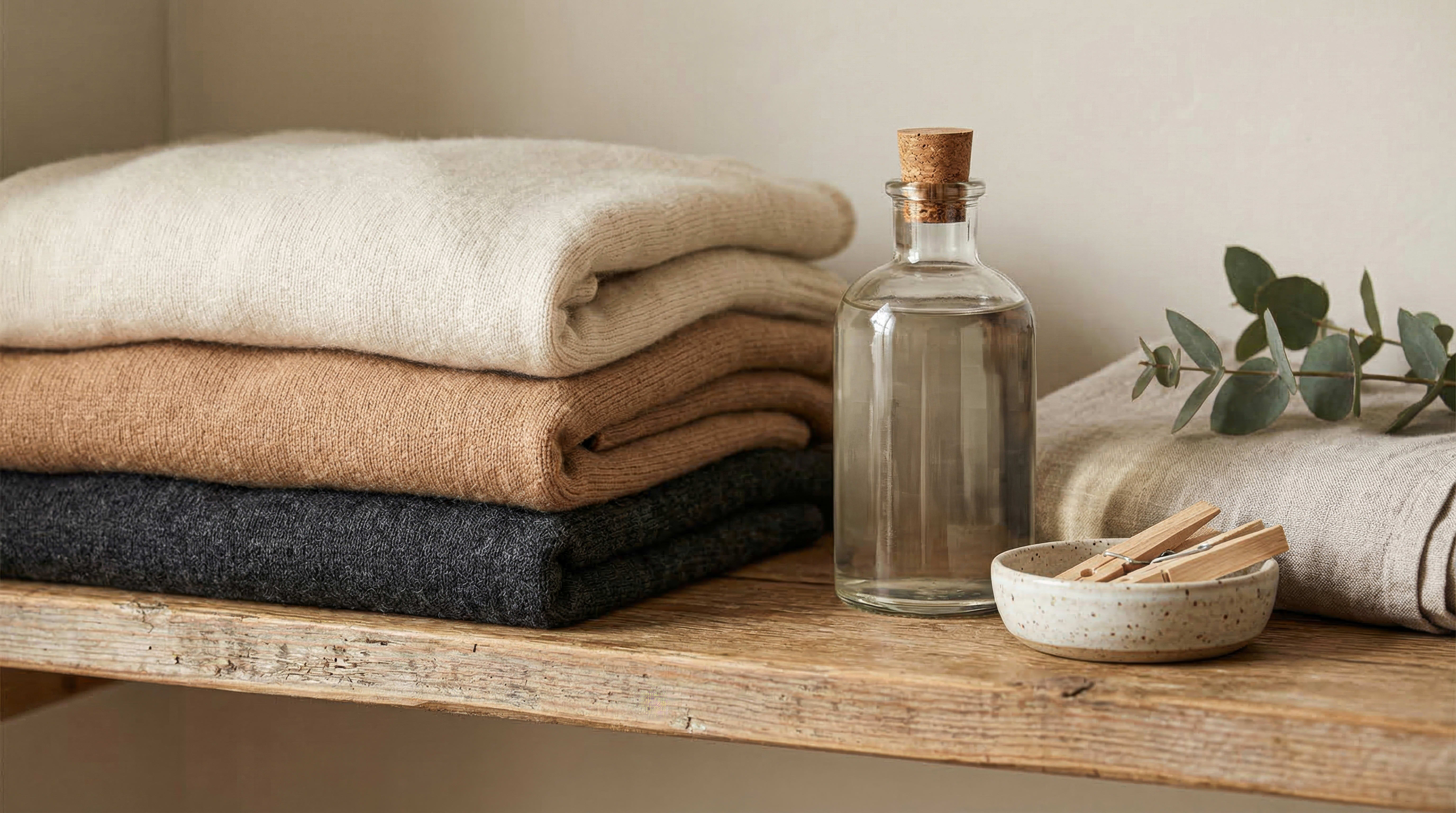 Stapel Pullover, liegt im Regal neben Flasche und Klammerbox