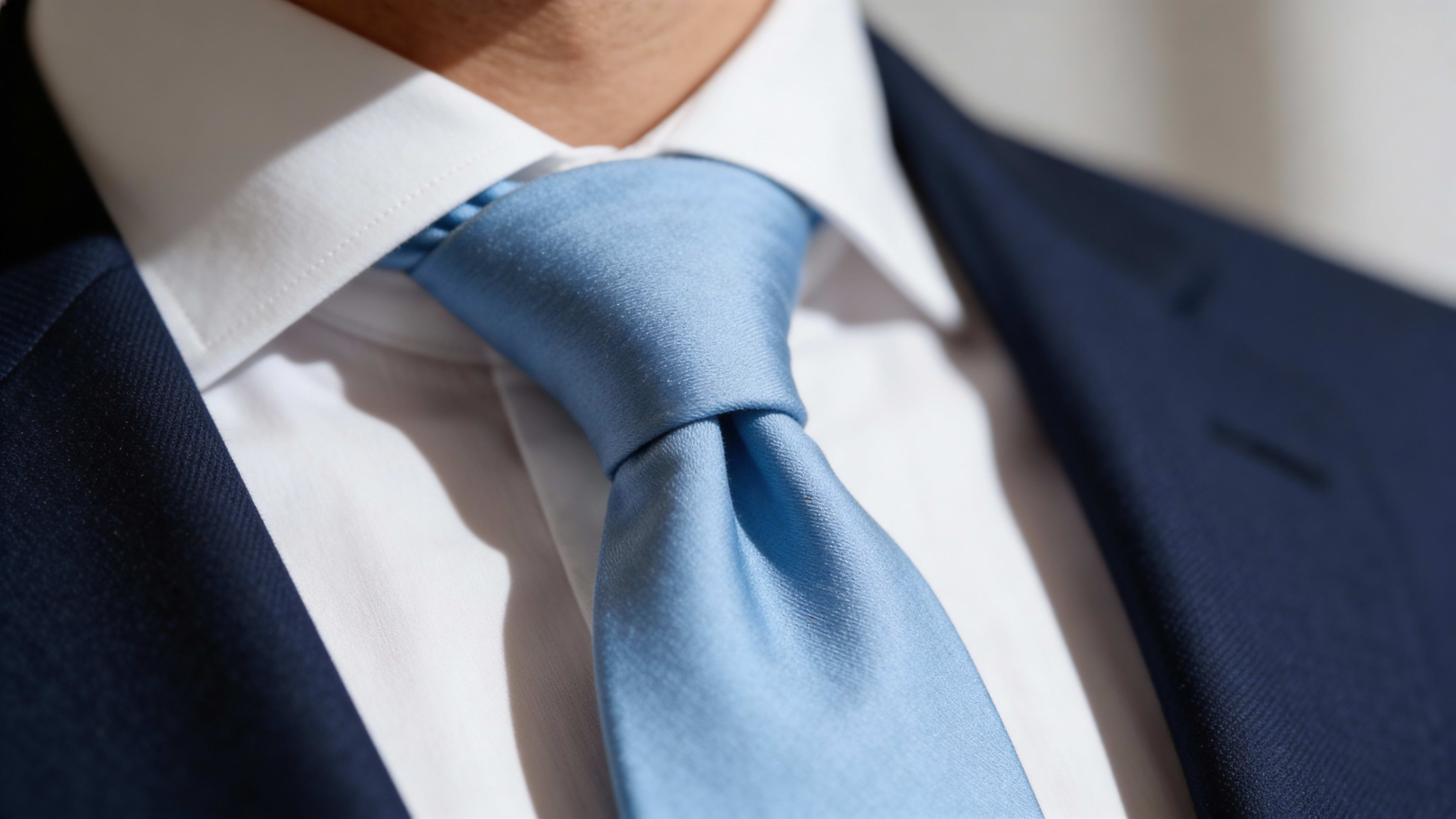 Close-Up eines Mannes in Anzug mit elegant gebundener Krawatte in Blau