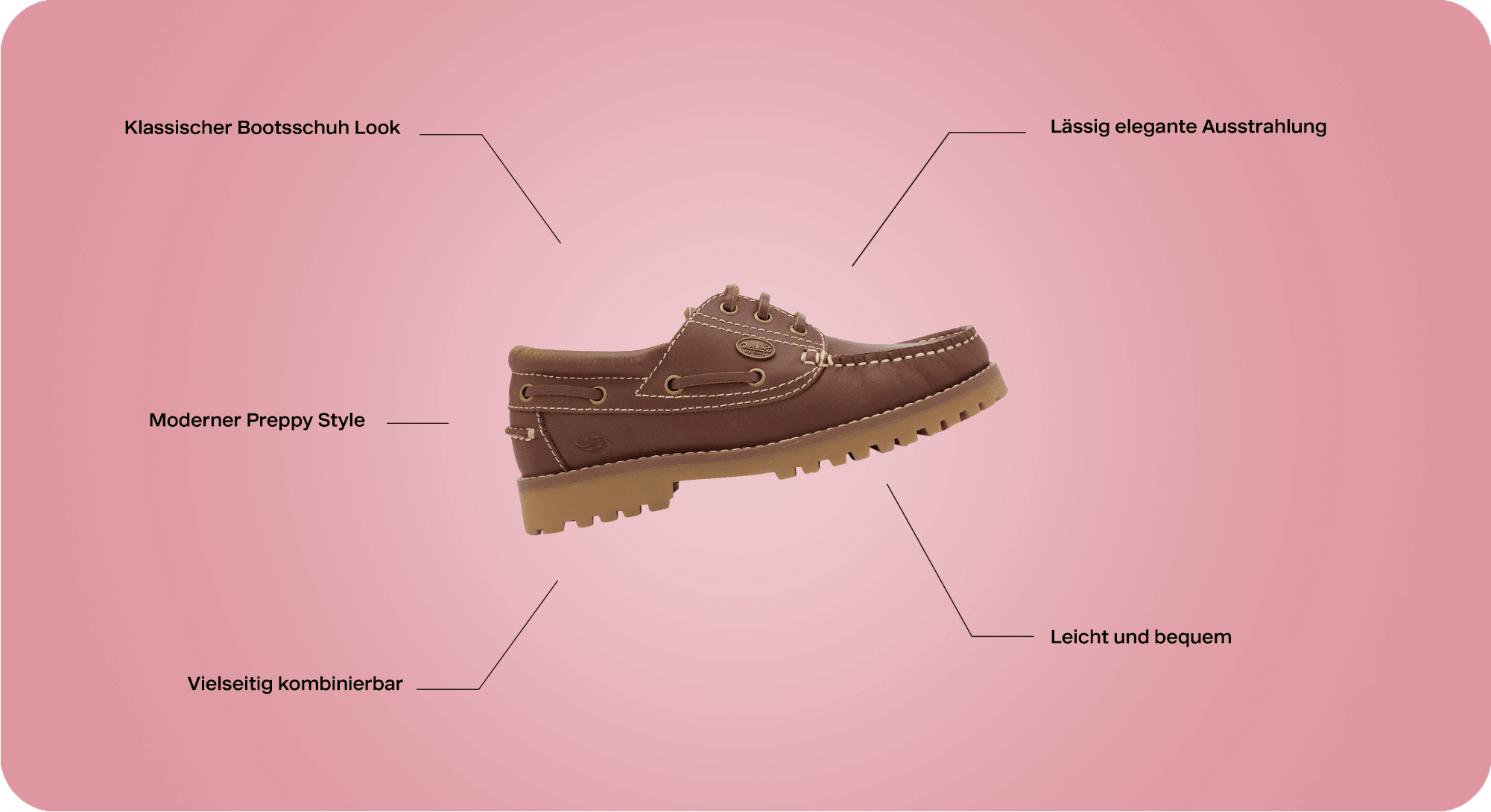 Brauner Bootsschuh auf rosafarbenem Hintergrund, umgeben von Text-Schnipseln