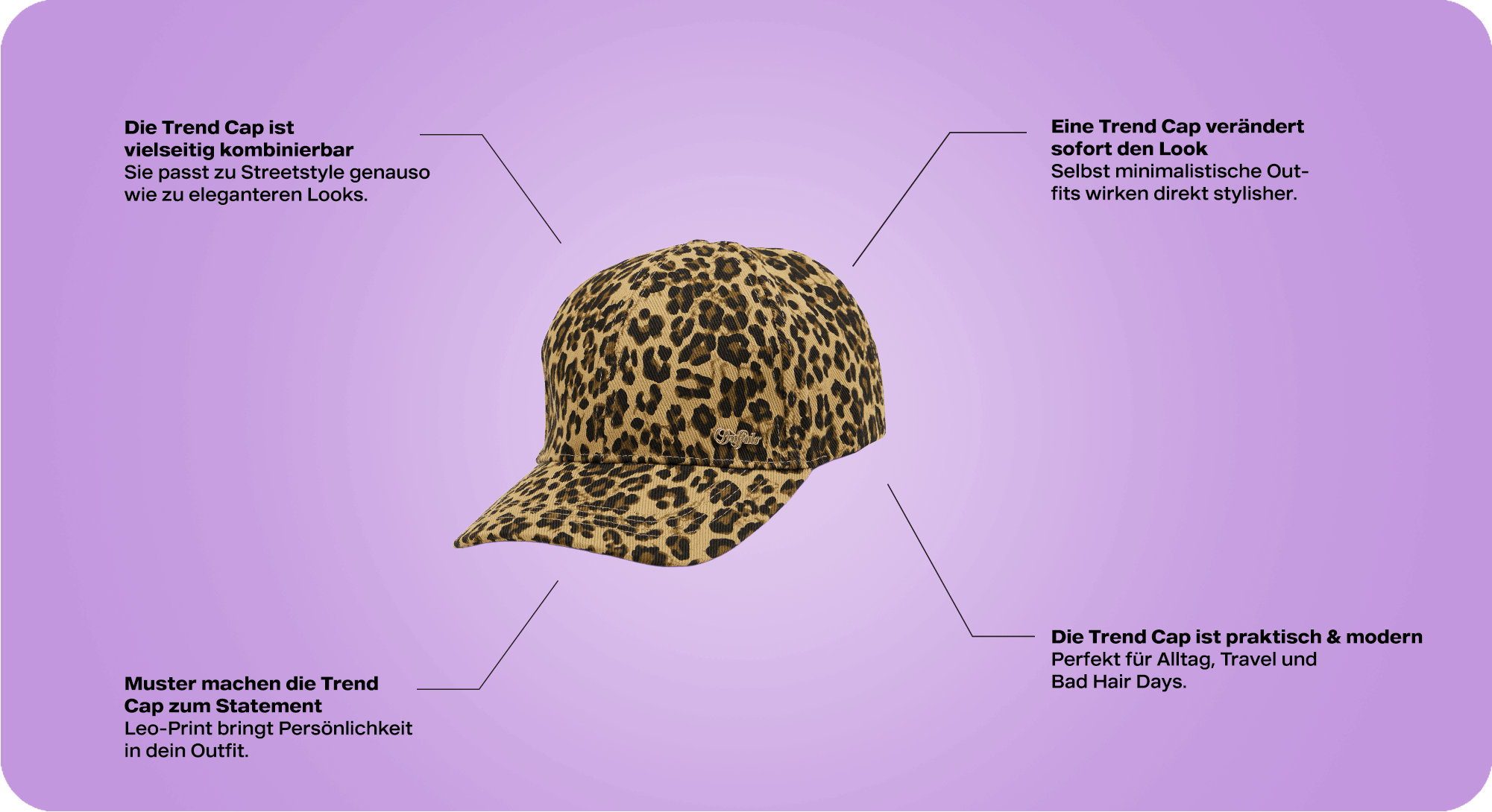 Leopard-Cap auf lila Hintergrund, mit Textpassagen