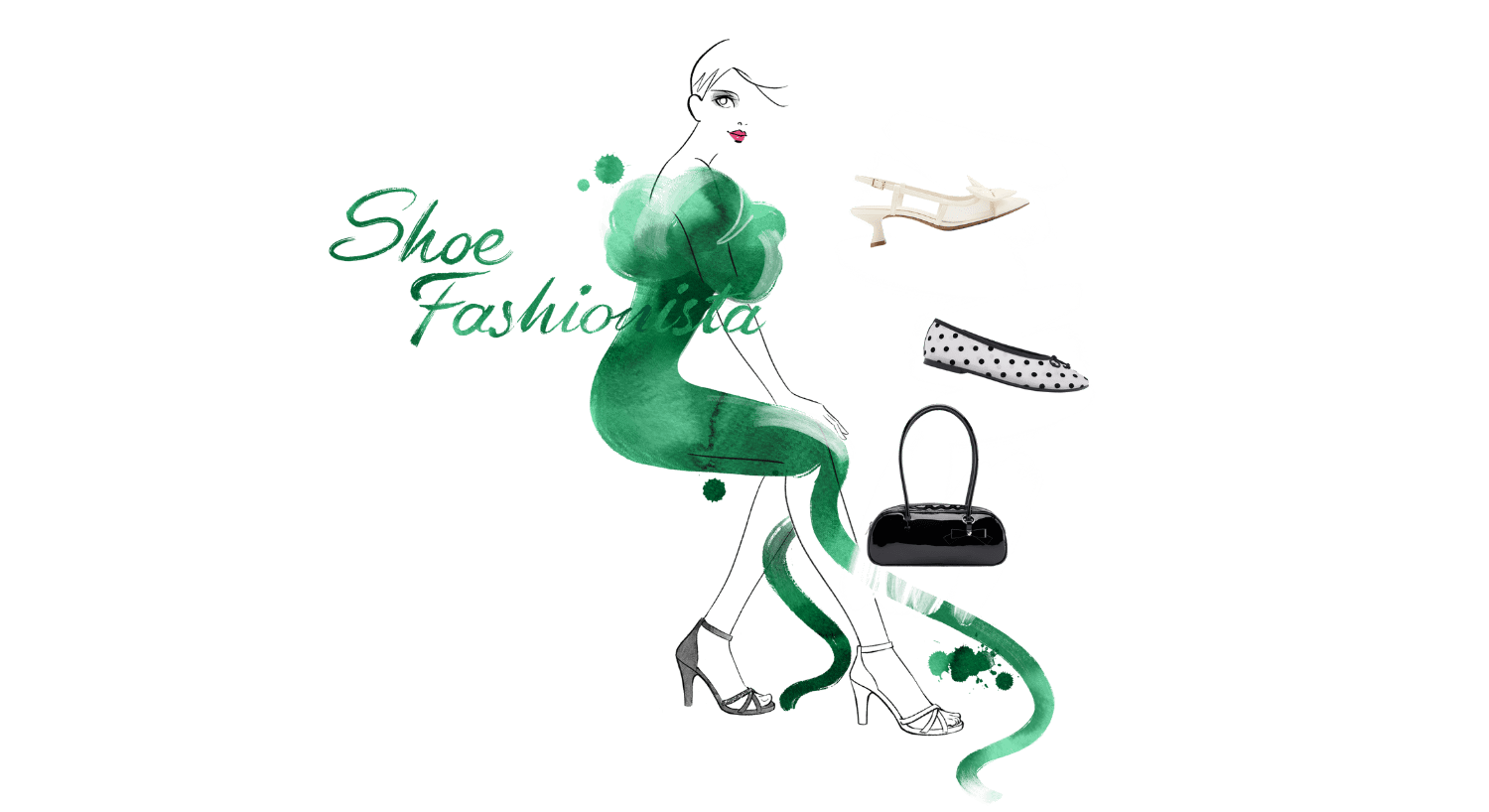 Aquarellartige Illustration einer Figur mit grünem Mantel und schwarzen Pumps, rechts davon Ballerinas, Clutches und Slingbacks