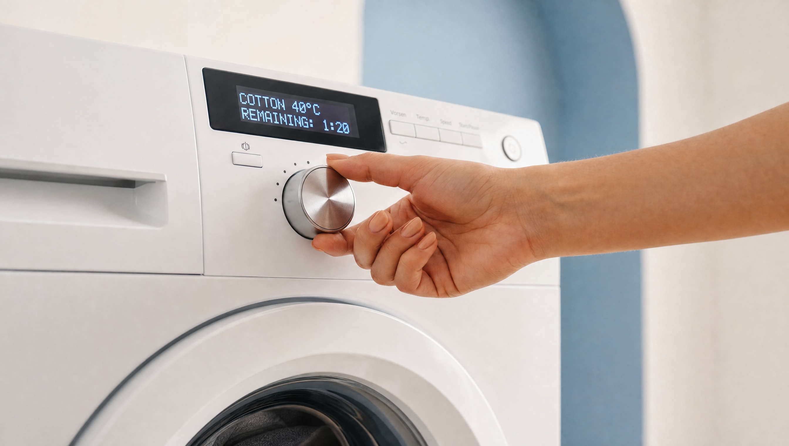 Person stellt Temperatur und Waschprogramm bei einer Waschmaschine ein