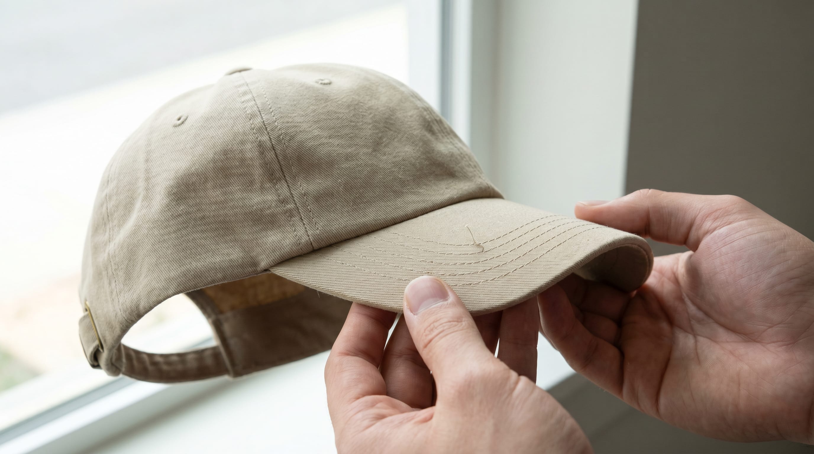 Person steht an Fenster, hält Basecap am Schirm und inspiziert die Kappe