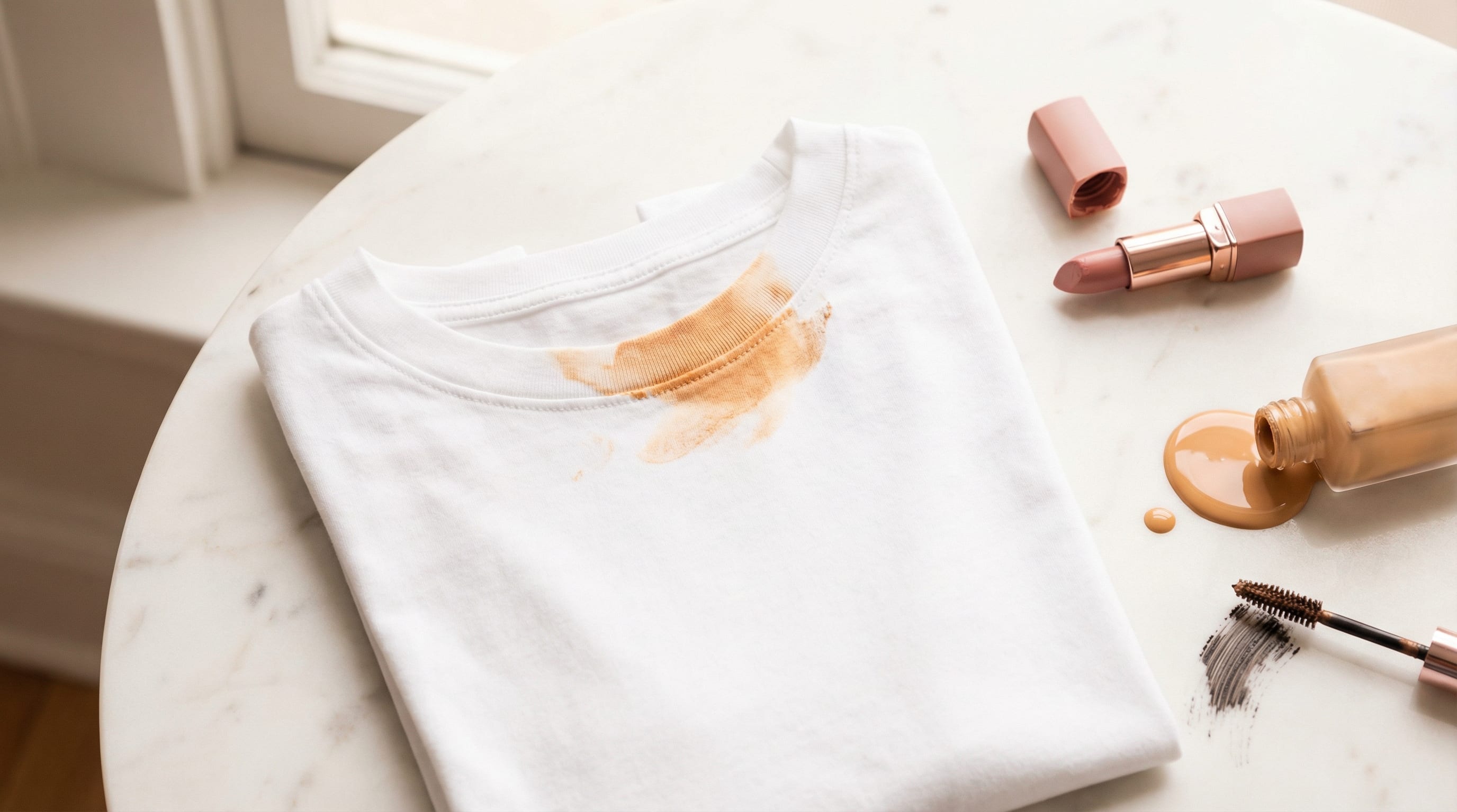 Shirt mit Make-Up-Flecken liegt auf Tisch, neben mehreren Pflegeprodukten