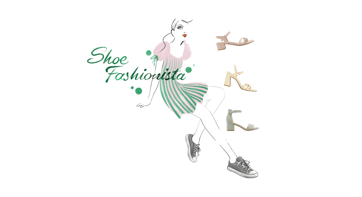 Illustration einer Aquarell-Figur neben mehreren Schuh-Freistellern 