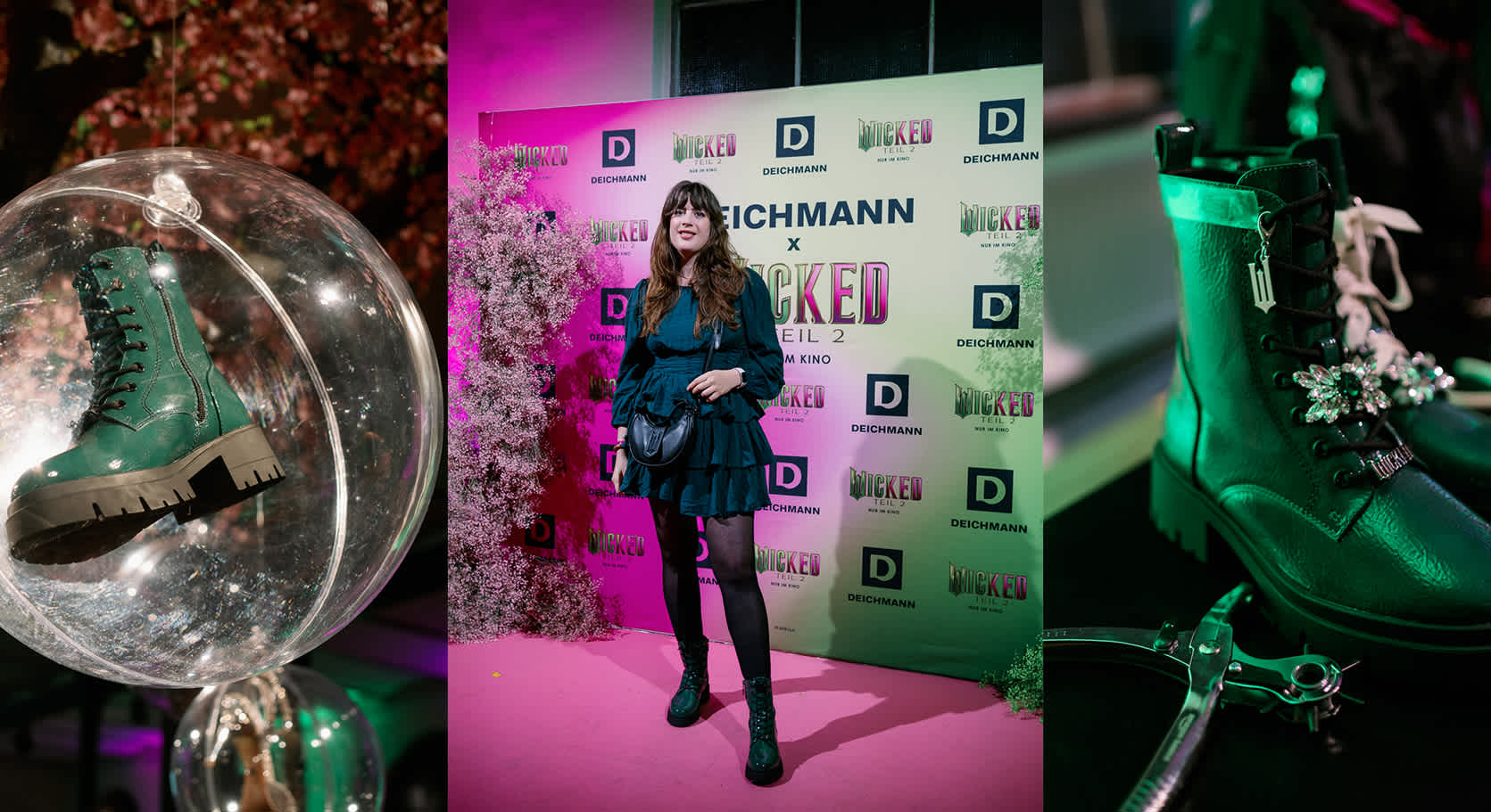 Collage aus mehreren Bildern mit Glaskugel-Ornamenten und Person, die vor Diechmann x Wicked-Banner steht