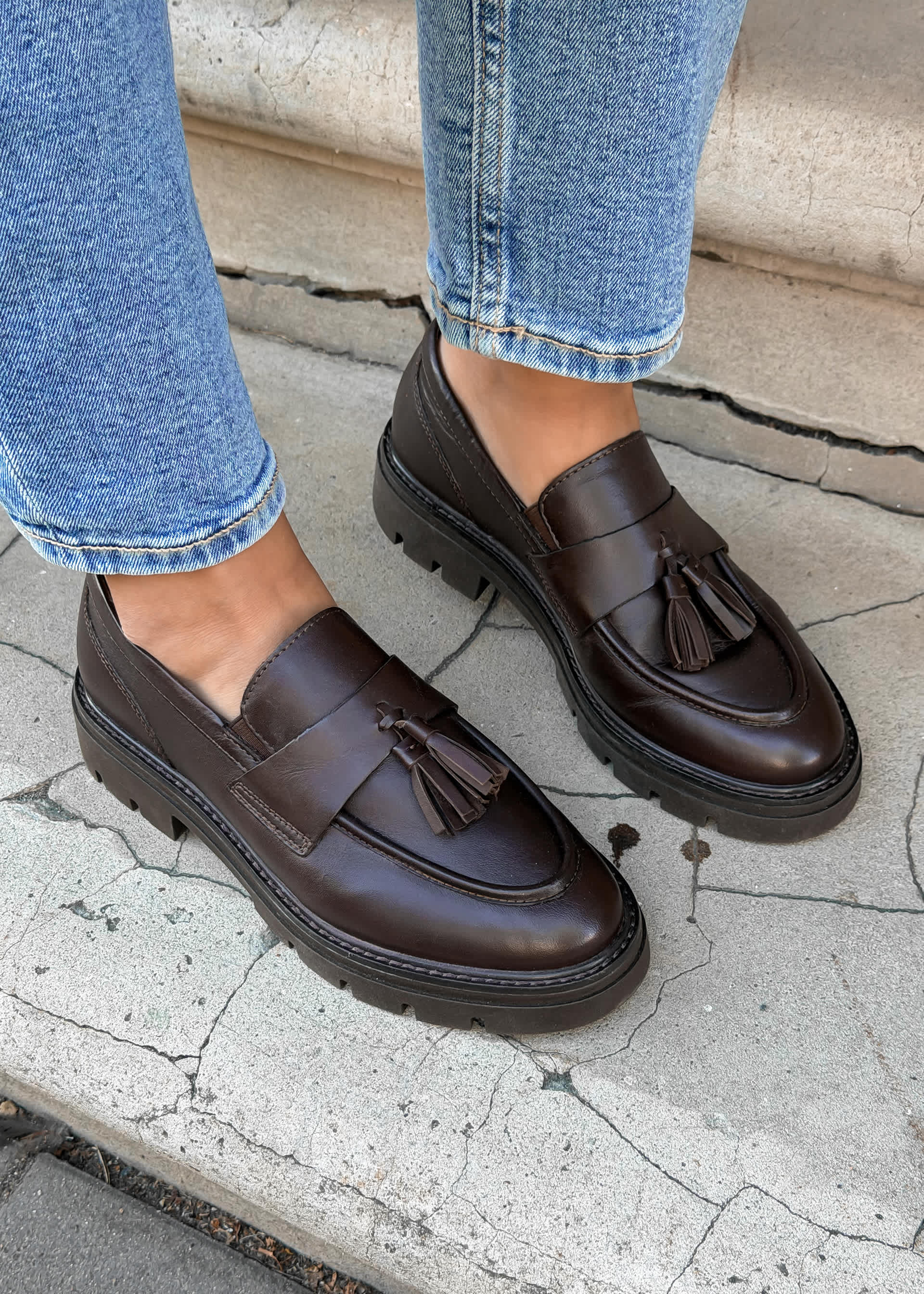 CloseUp von dunkelbraunen Tassel Loafern