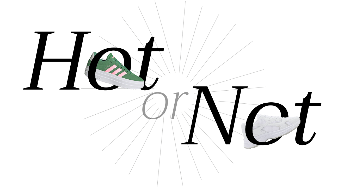 Schriftzug "Hot or Not" mit Sneaker-Freistellern, vor weißem Hintergrund, Thema Sneaker