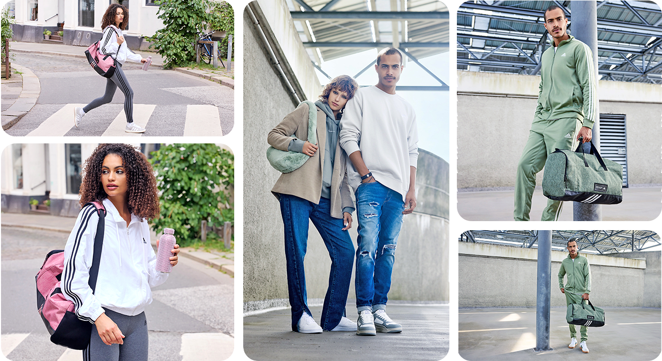 Collage mehrerer Bilder mit Frau und Mann in Alltagskleidung sowie im sportlich-entspannten Athleisure-Look 