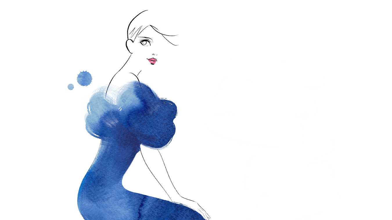 Abstrakte Illustration einer Frau in elegant-blauem Kleid, im Stil eines Aquarells, vor weißem Hintergrund