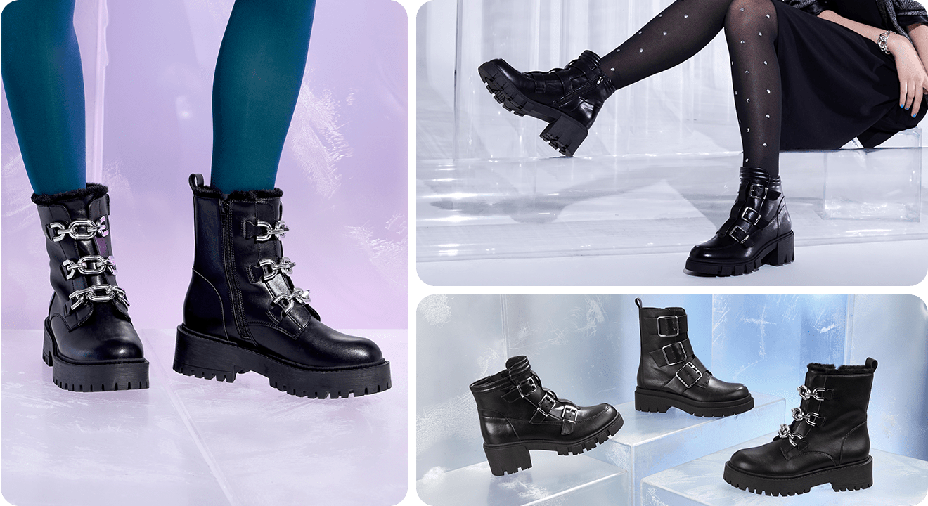 Collage mit mehreren Biker Boots in Schwarz, präsentiert am Fuß und freistehend