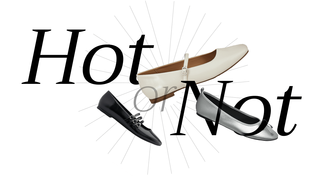 Schriftzug "Hot or Not" mit Schuh-Freistellern, vor weißem Hintergrund, Thema Ballerinas