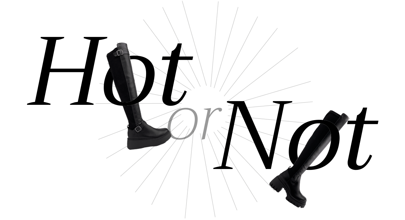 Schriftzug "Hot or Not" mit Overknees-Stiefel als Freisteller, vor weißem Hintergrund, Thema Overknees