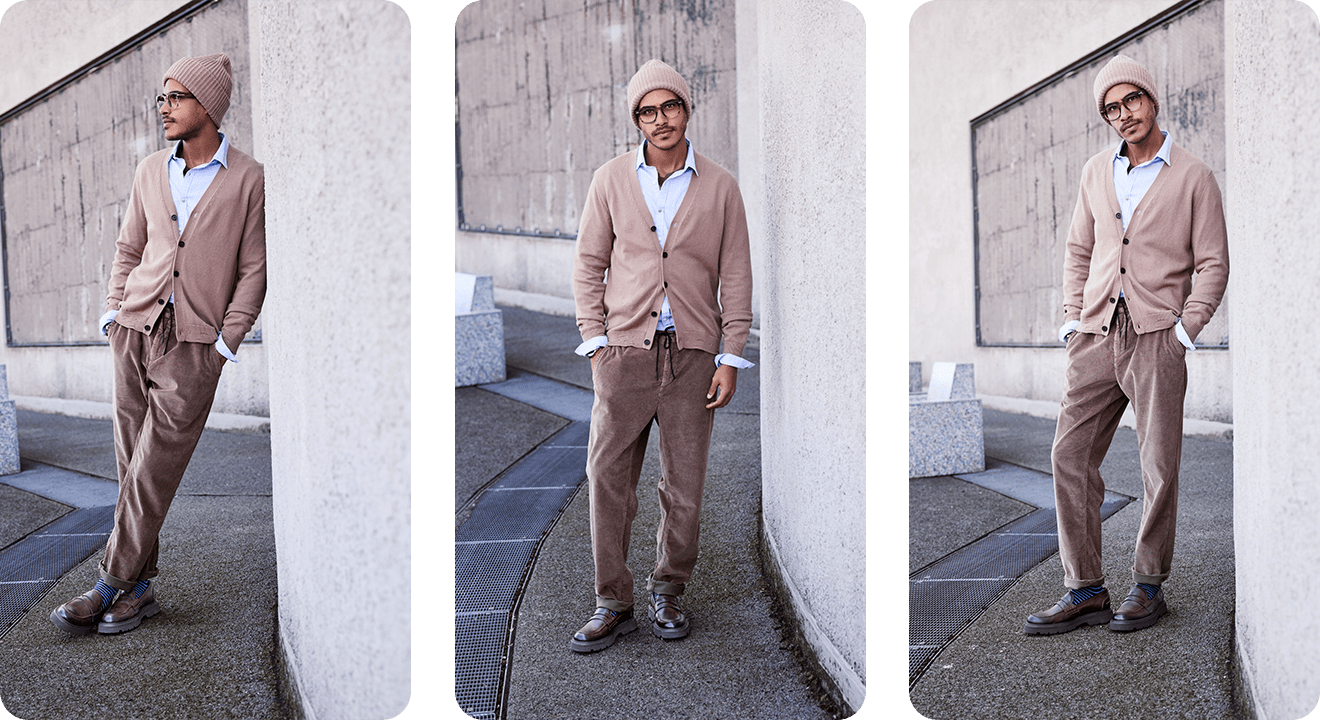Collage dreier Bilder mit einem Mann im beigen Cardigan-Outfit, optisch angelehnt an den Grandpa-Style.