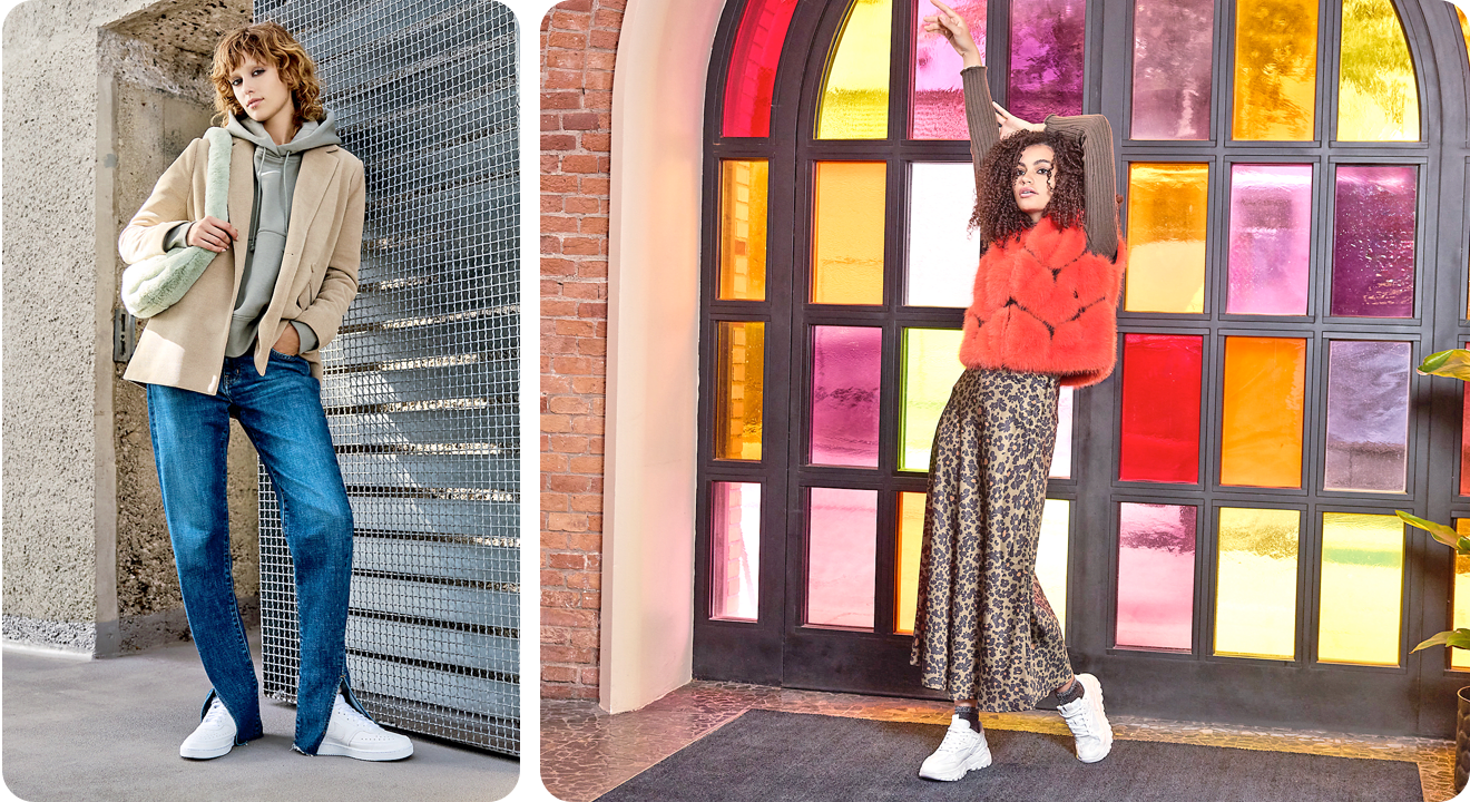 Collage mit zwei Frauen in unterschiedlichen Looks, eine stehend in einer urbanen Kulisse, die andere vor einem Buntglas-Fenster, beide in entspannten Outfits mit weißen Sneakern.