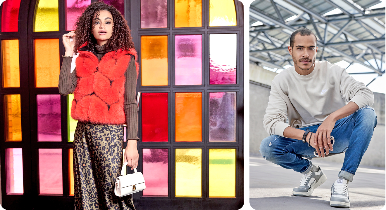 Collage mit zwei Personen, links eine Frau mit roter Weste und Animal Print-Hose vor Buntglas-Fenster, rechts ein Mann mit cremefarbenem Sweatshirt, Jeans und grauen Sneakern