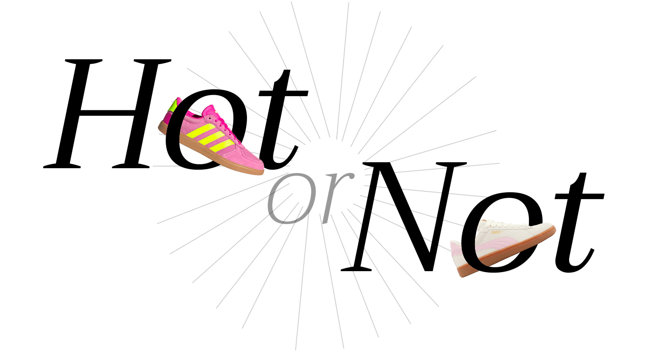 Schriftzug "Hot or Not" mit Schuh-Freistellern, vor weißem Hintergrund, Thema Pastellfarben