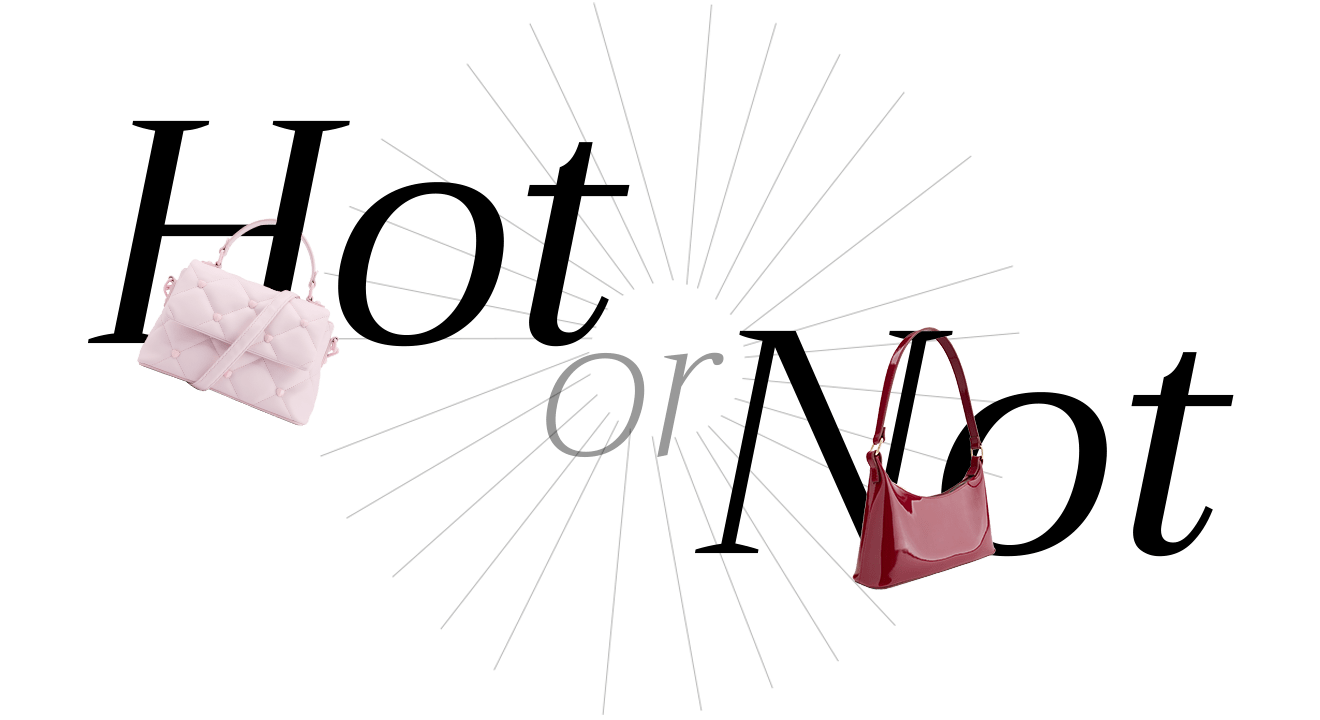 Schriftzug "Hot or Not" mit Handtaschen-Freistellern, vor weißem Hintergrund, Thema Herztasche