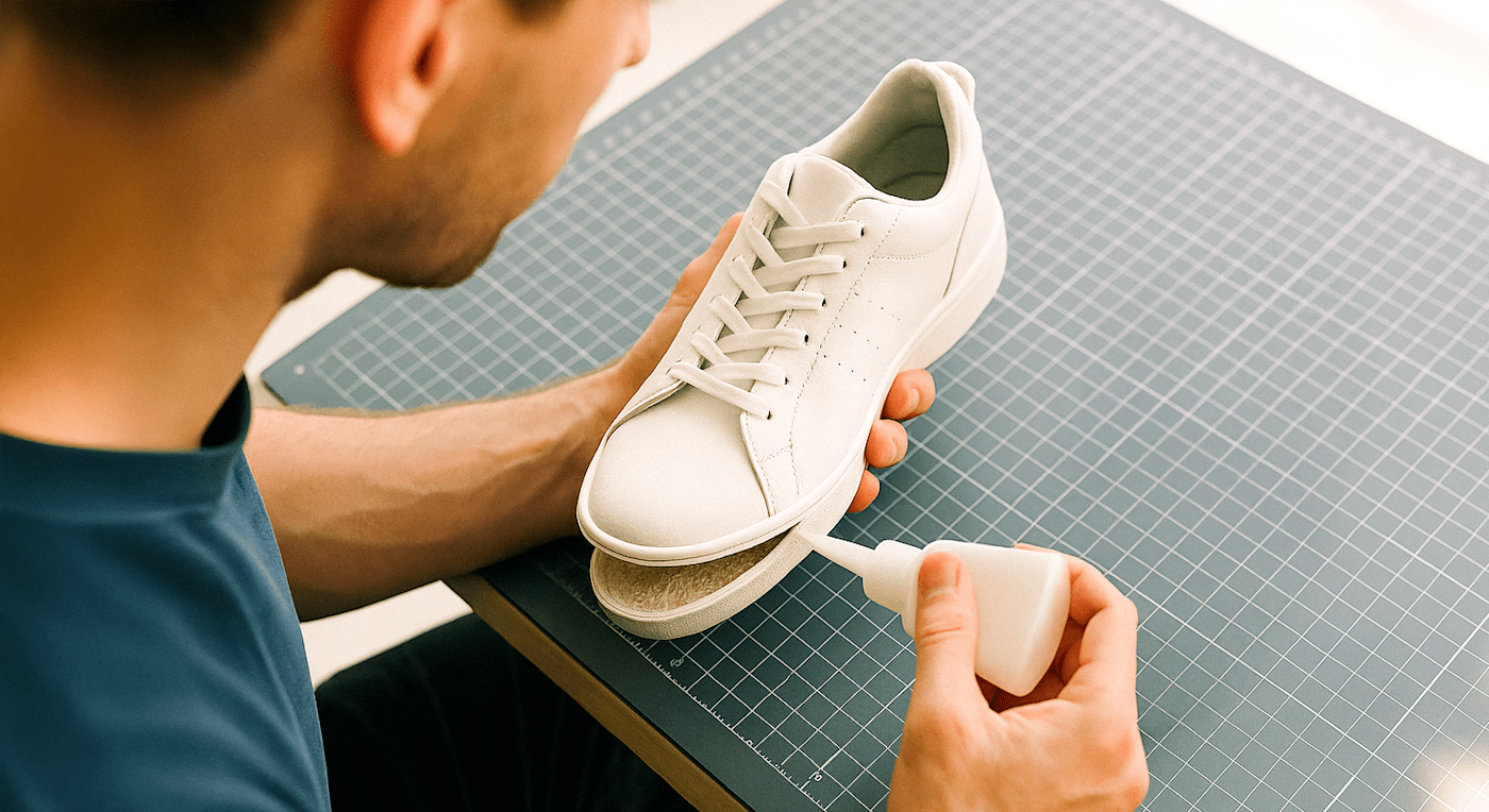 Mann klebt die Schuhsohle eines Schuhs