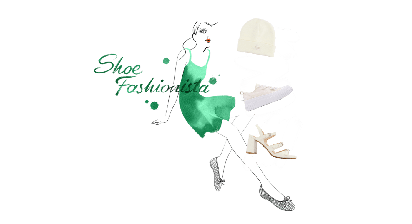 Aquarell-Illustration einer Frau mit grünem Kleid, daneben drei Freisteller von Schuhen und Mützen