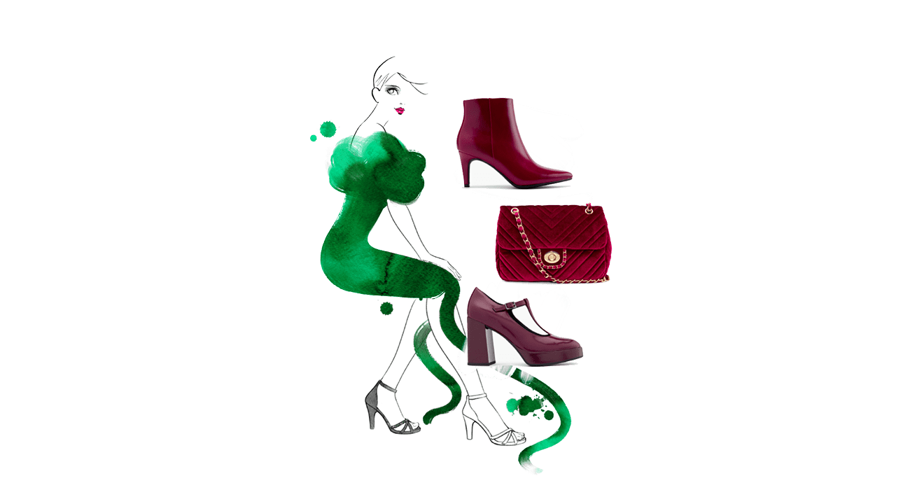 Aquarellartige Illustration einer Figur in grünem Kleid, mit bordeauxroten Schuhen & Accessoires im Bild