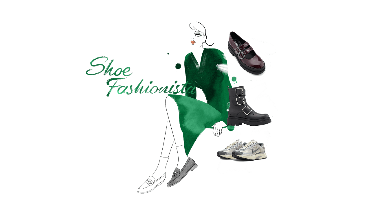 Illustration einer Frau in grünem Dress mit drei Schuhen neben sich, Schriftzug "Shoe Fashionista" im Bild