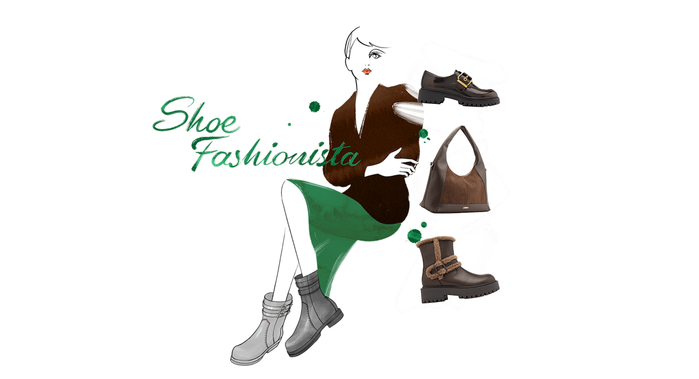 Aquarellartige Illustration einer Figur mit grünem Rock und braunen Blazer, grauen Schuhen und Accessoires im Bild