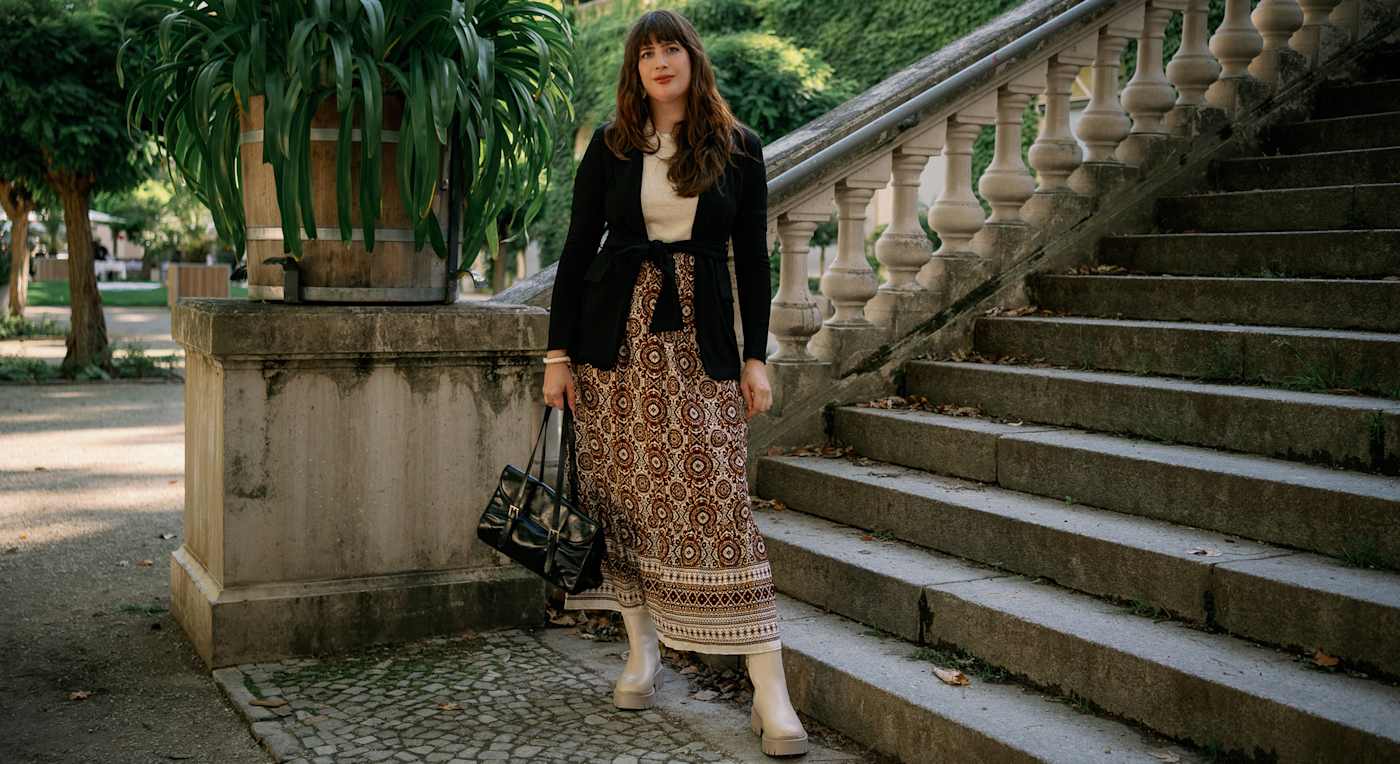 Frau in schlichtem Cottage Core-Outfit, steht am Fuße einer großen Steintreppe