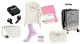 Eine stylishe Auswahl an Travel-Essentials: Hoodie, Koffer, Notizbuch, Kuschelsocken, Kopfhörer und Bags