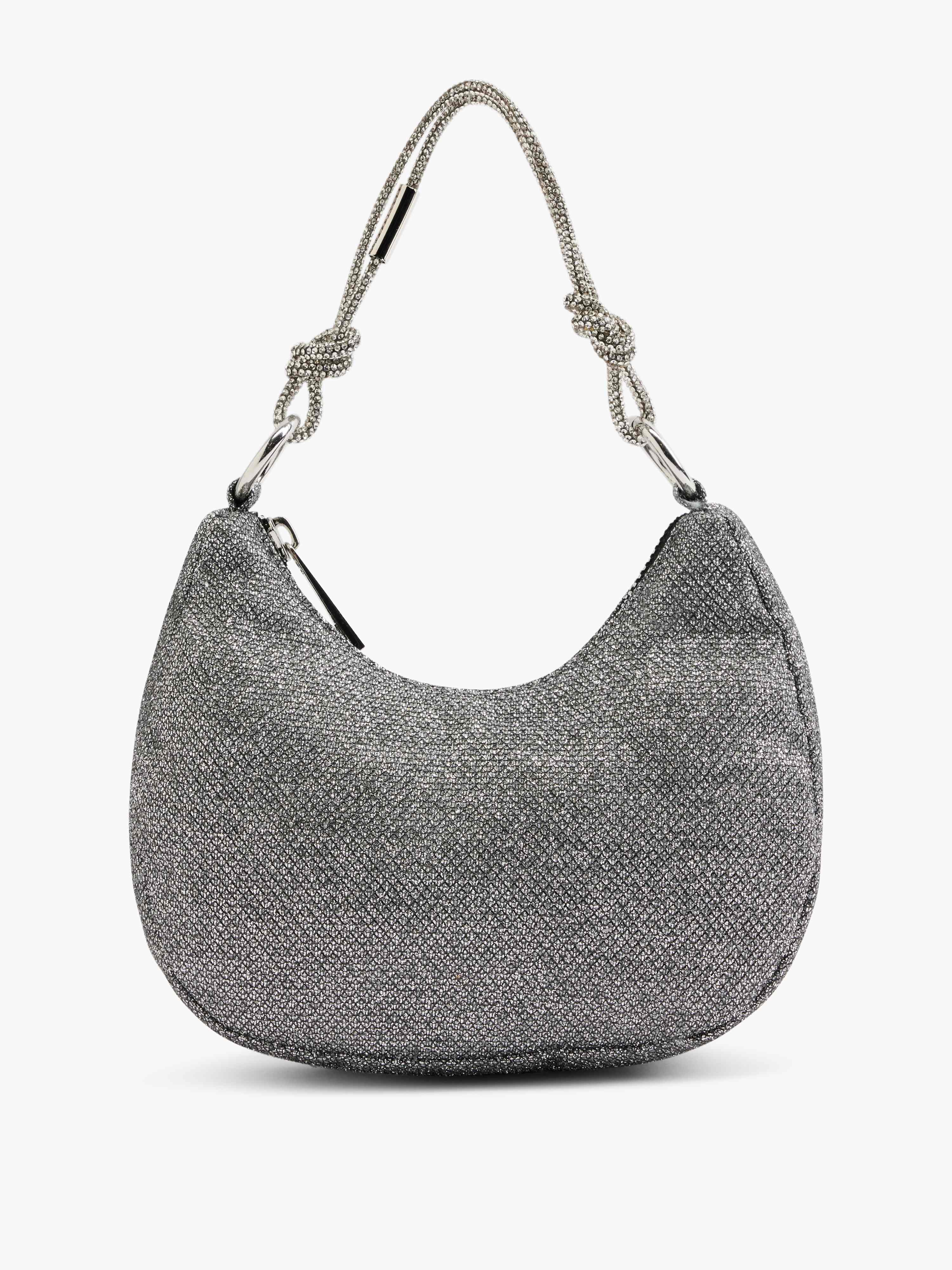 Silberne Umhängetasche aus Textilstoff, in geschwungenem Design