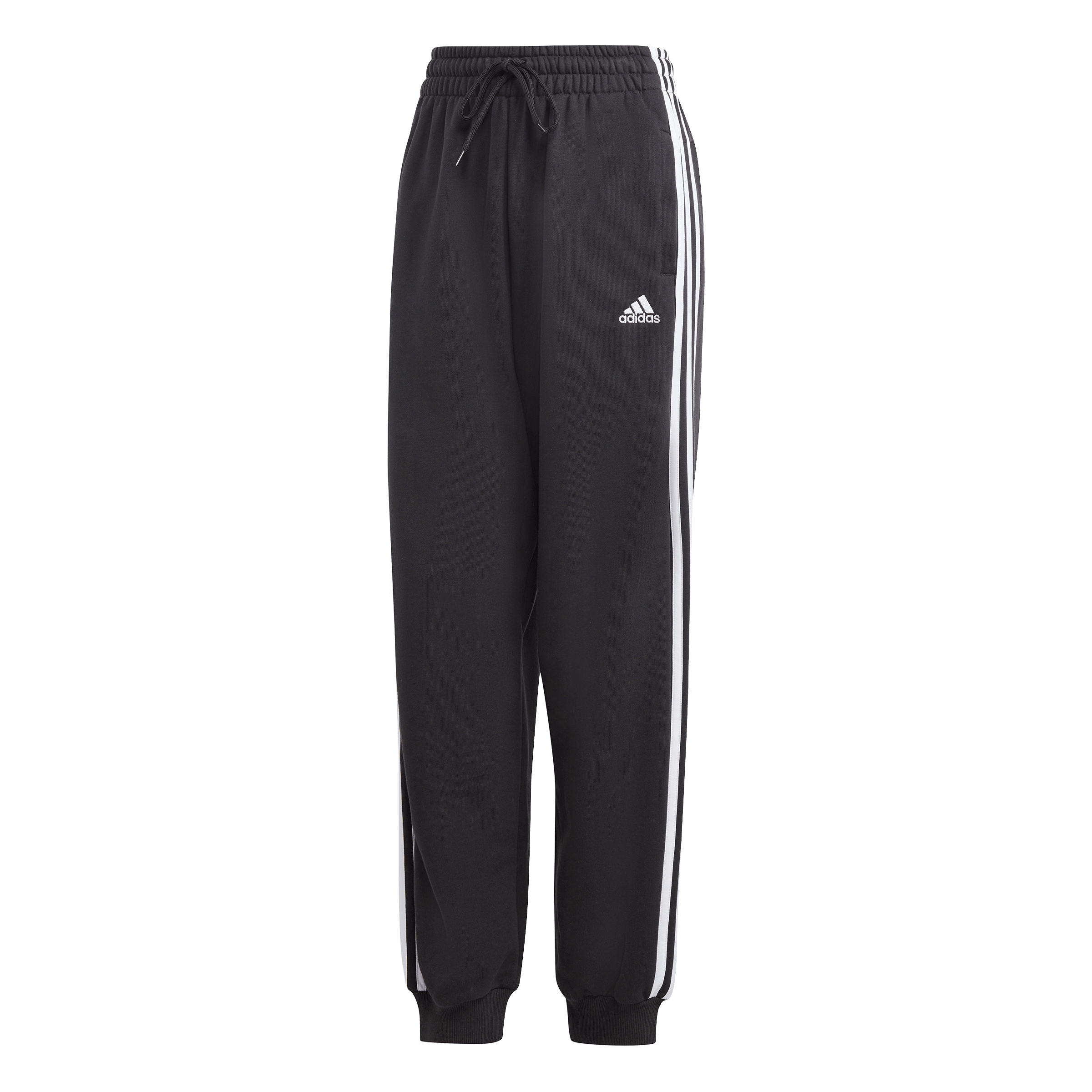 Schwarze Jogginghose der Marke Adidas, mit weißen Seitenstreifen