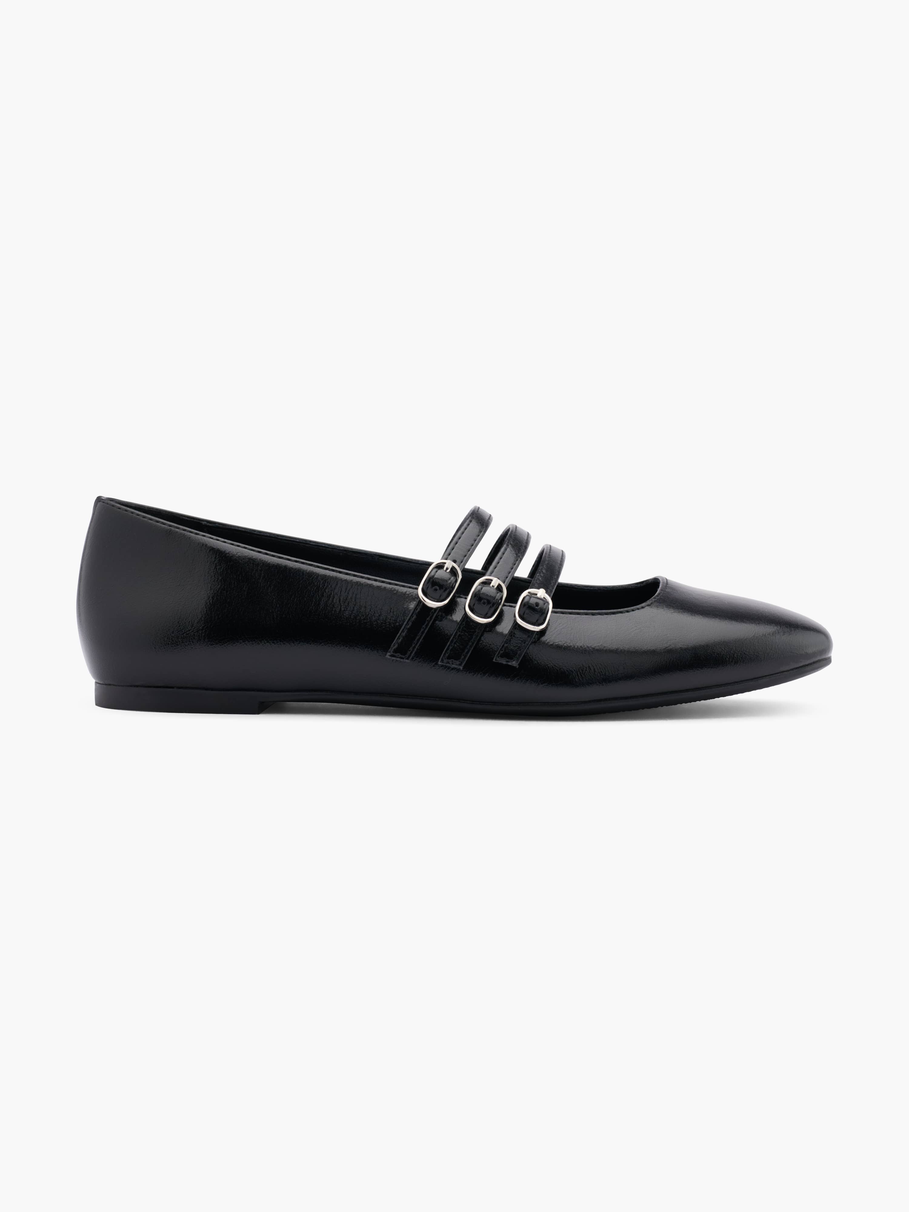 Schwarze Ballerinas mit drei schmalen Riemchen und silbernen Schnallen