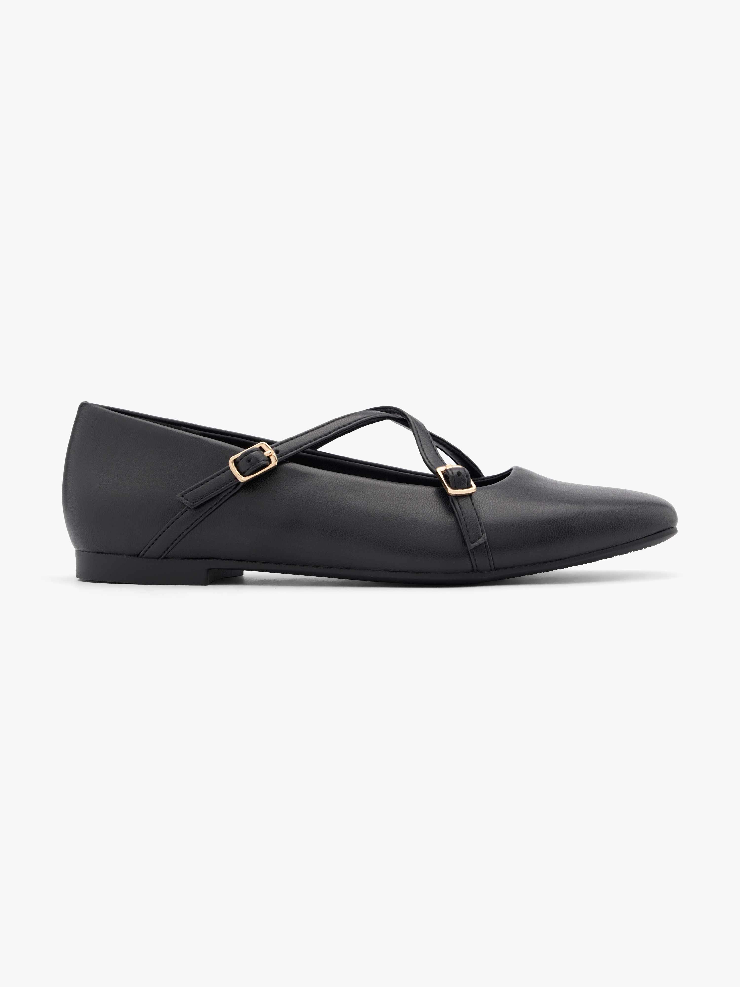 Schwarze Ballerinas mit überkreuzten Riemchen und goldenen Schnallen