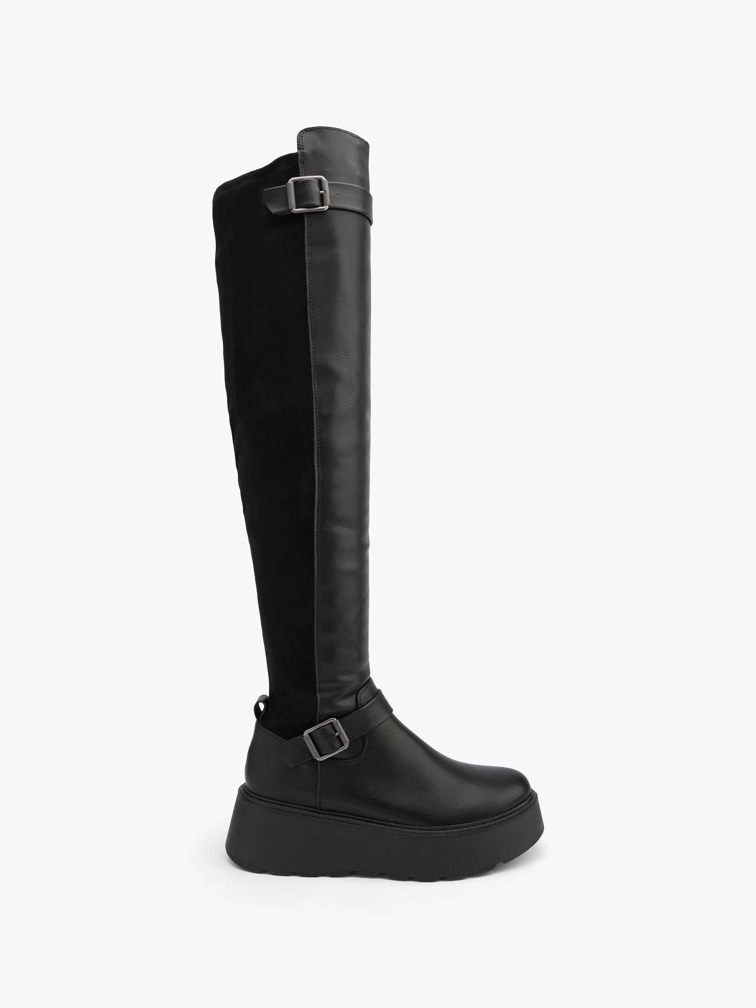 Schwarzer Overknee-Stiefel, Schnalle oben und unten am Schaft, mit Plateausohle