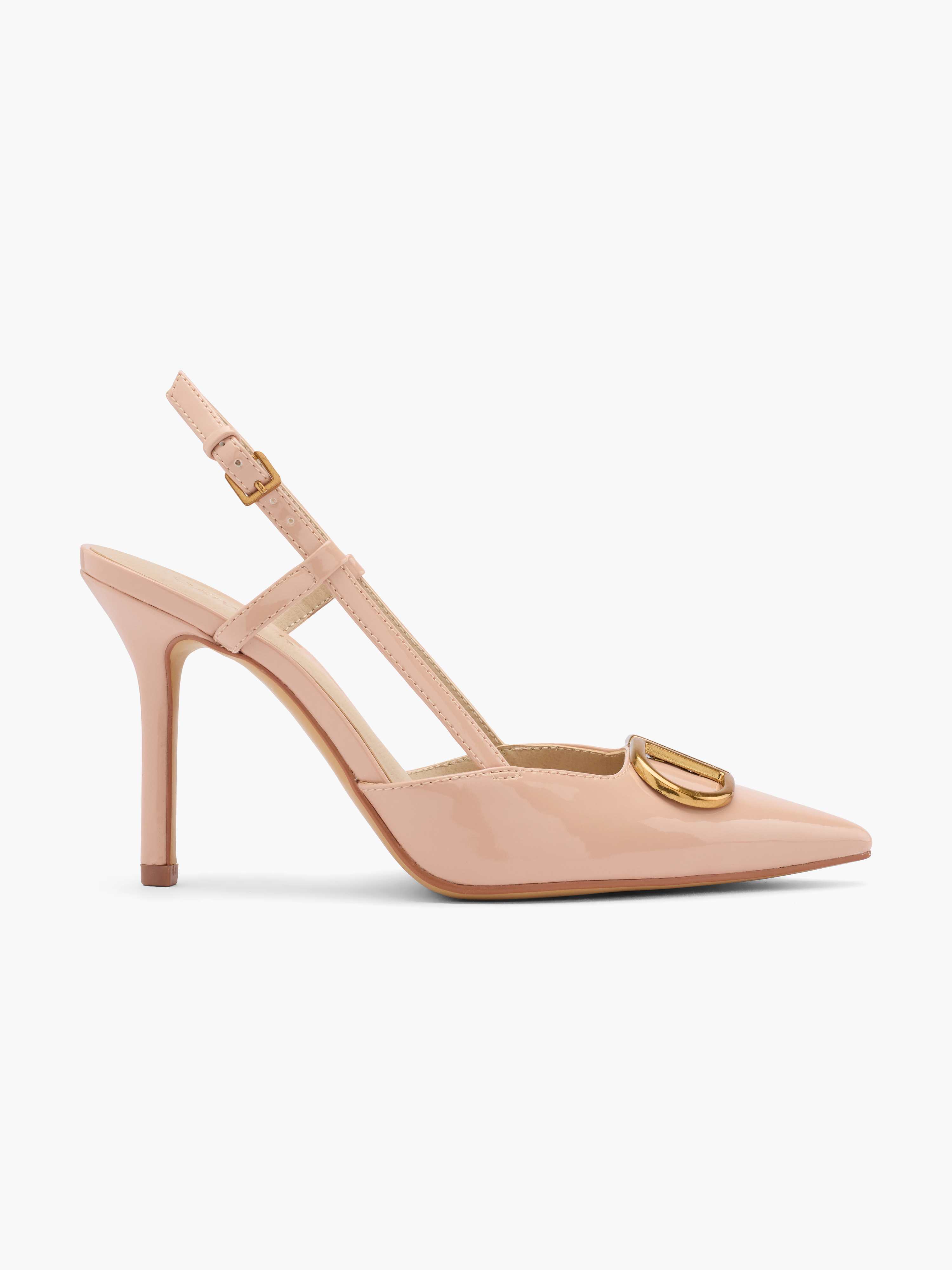 Rosa Pumps mit Pfennigabsatz, Riemchen und metallischen Applikationen