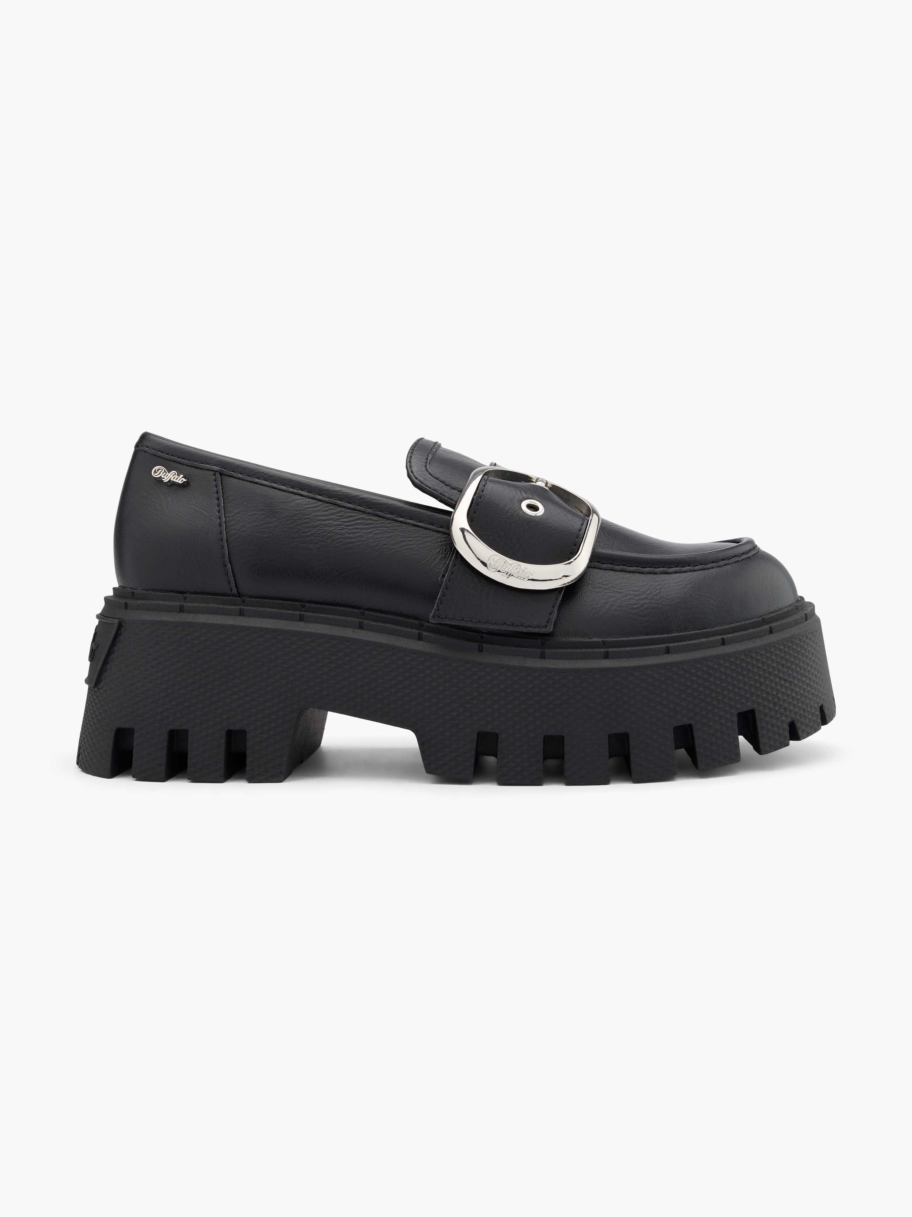 Schwarzer Chunky Loafer mit dicker silberner Schnalle