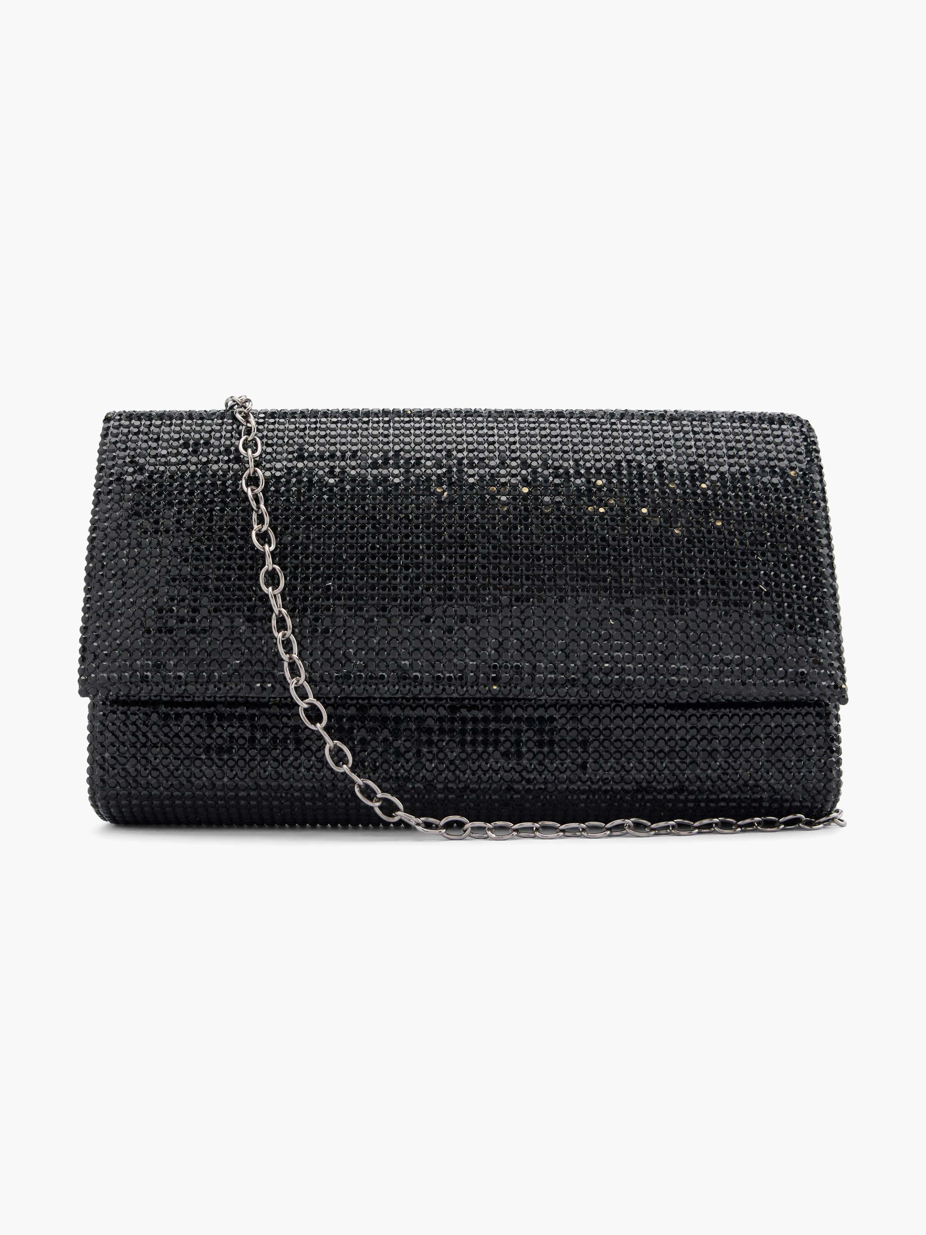 Schwarze Clutch der Marke Catwalk, mit dezenter Glitzer-Optik und silberner Tragekette